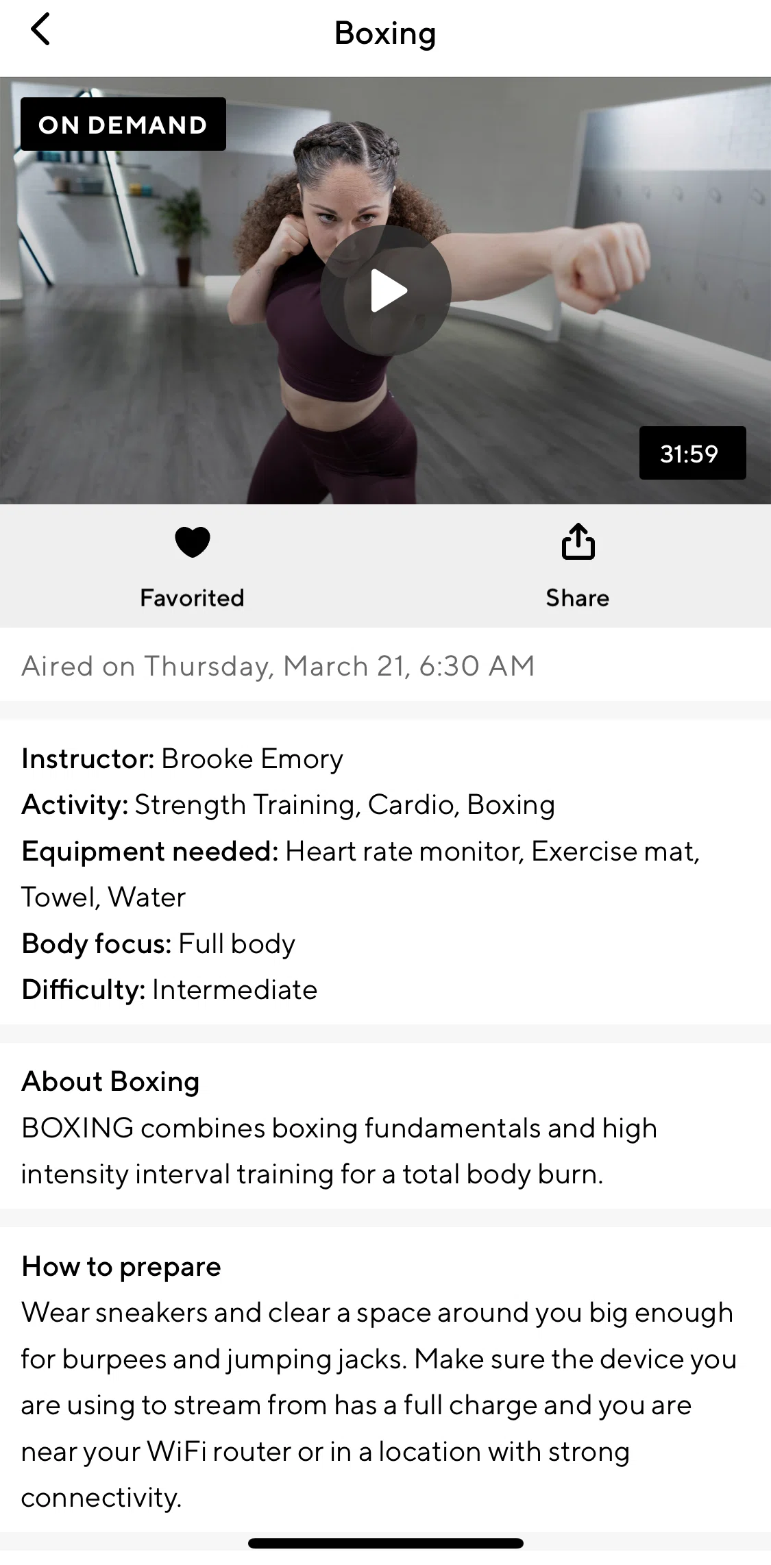 ClassPass Screen screen in the Watching a video workout flow