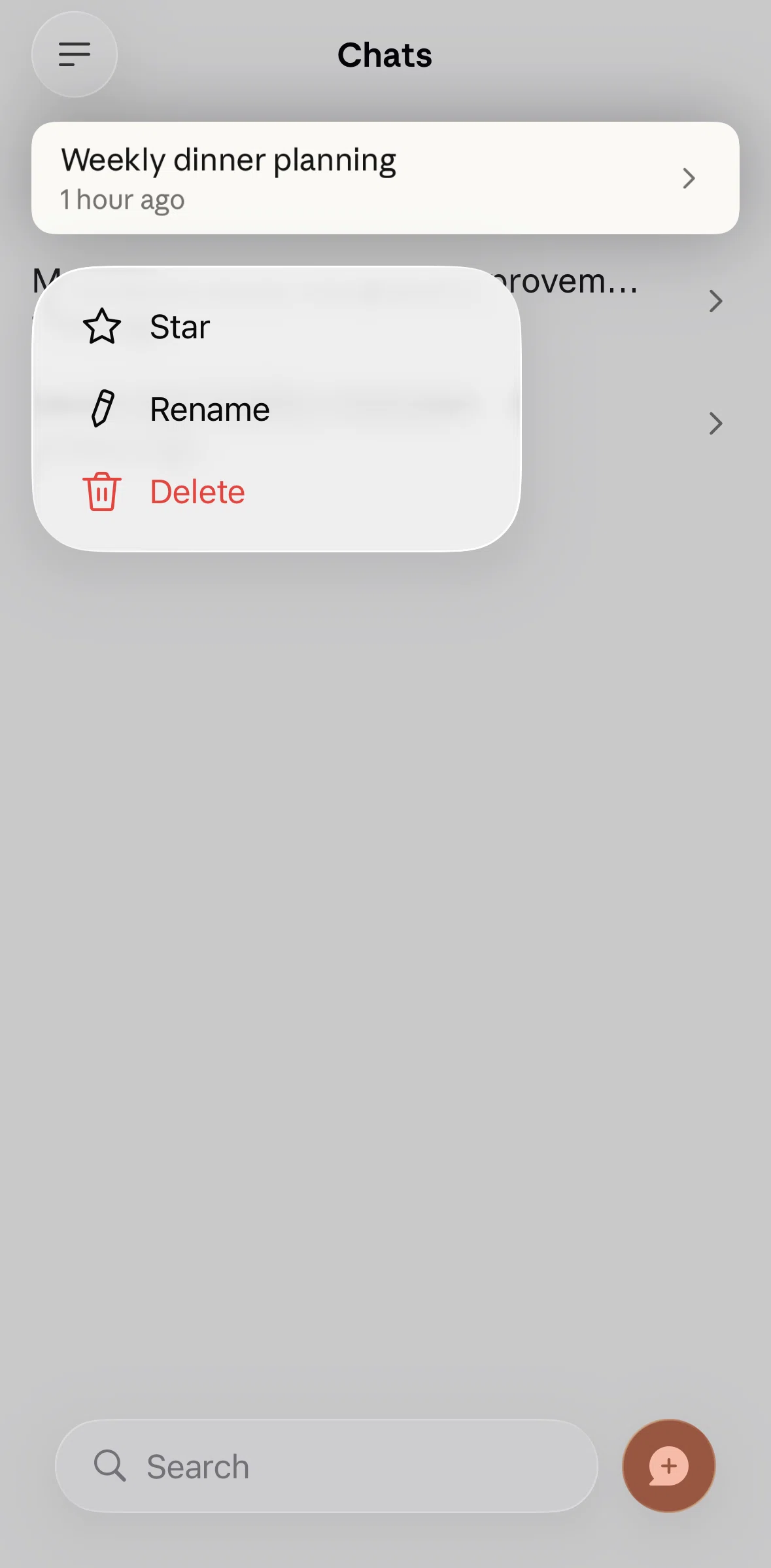 Claude Screen screen in the Deleting a chat flow