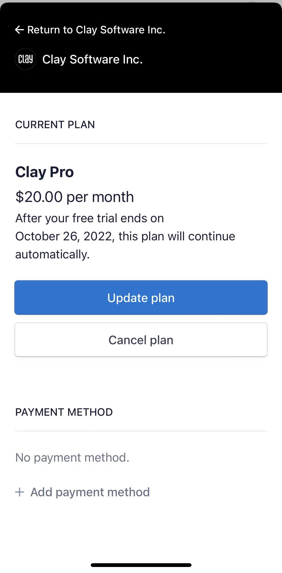 Clay Screen 1 screen in the Cancelling subscription plan flow