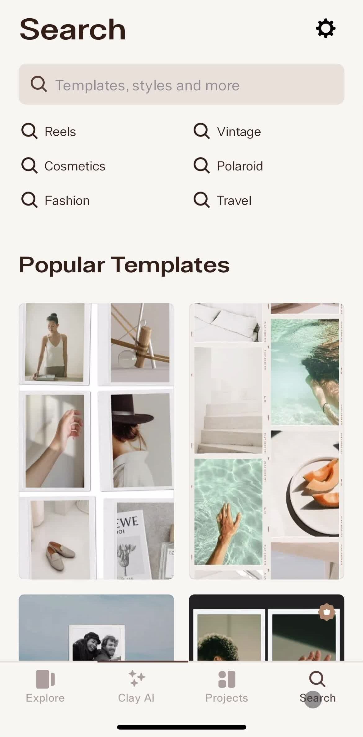 Clay Home screen in the Searching flow