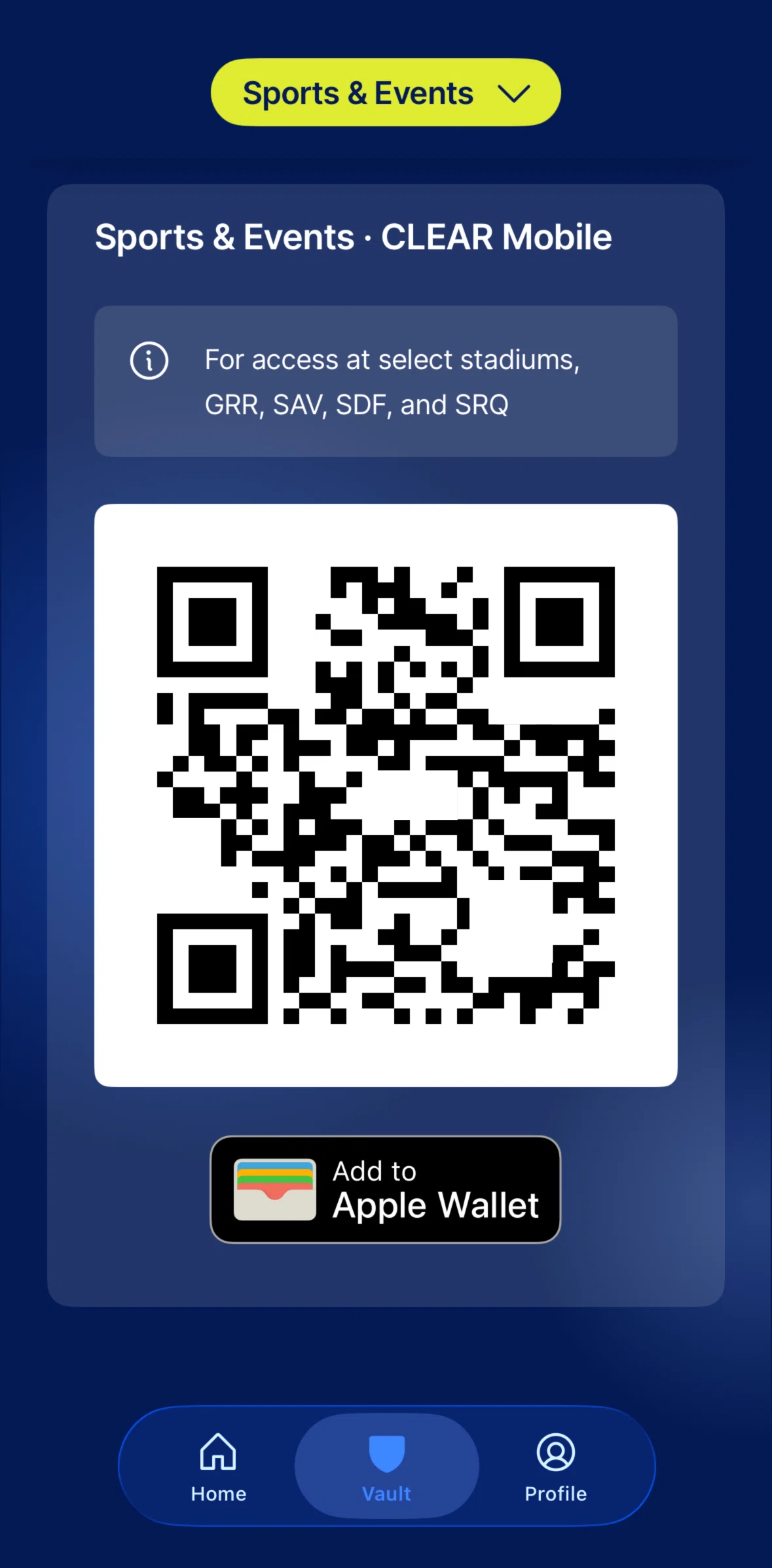 CLEAR Screen screen in the Adding a CLEAR pass to Apple Wallet flow