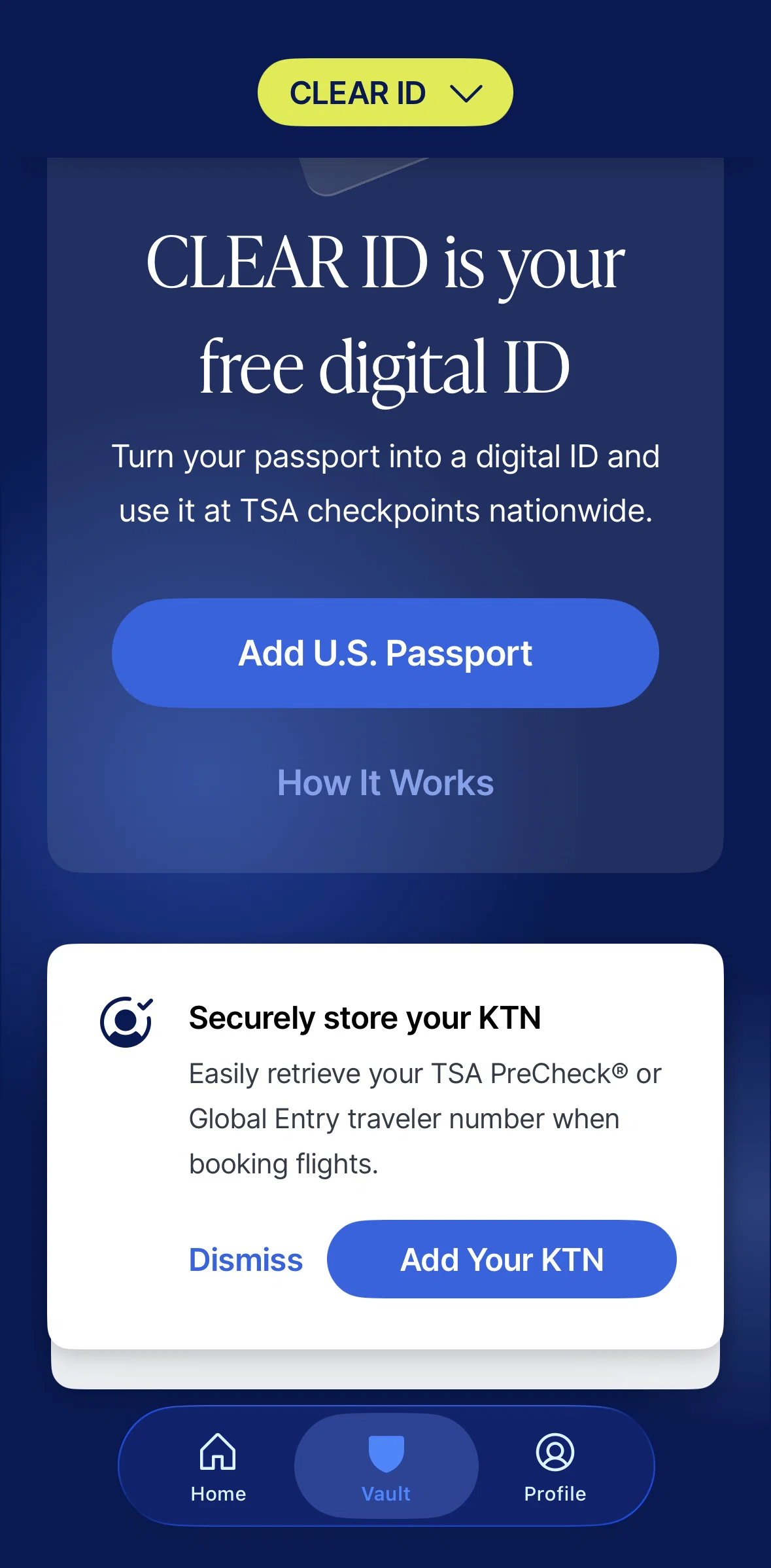 CLEAR Screen screen in the Adding a KTN flow