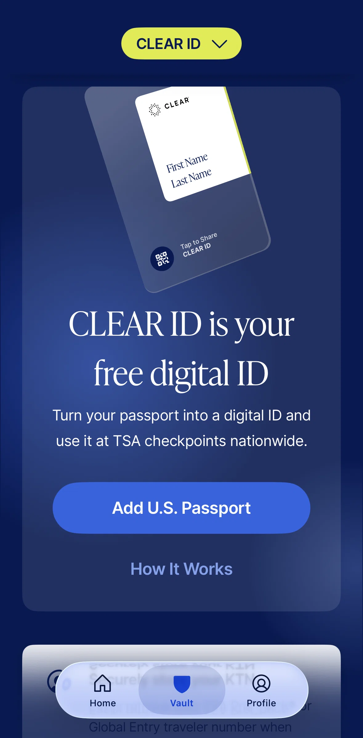 CLEAR Screen screen in the CLEAR ID information flow