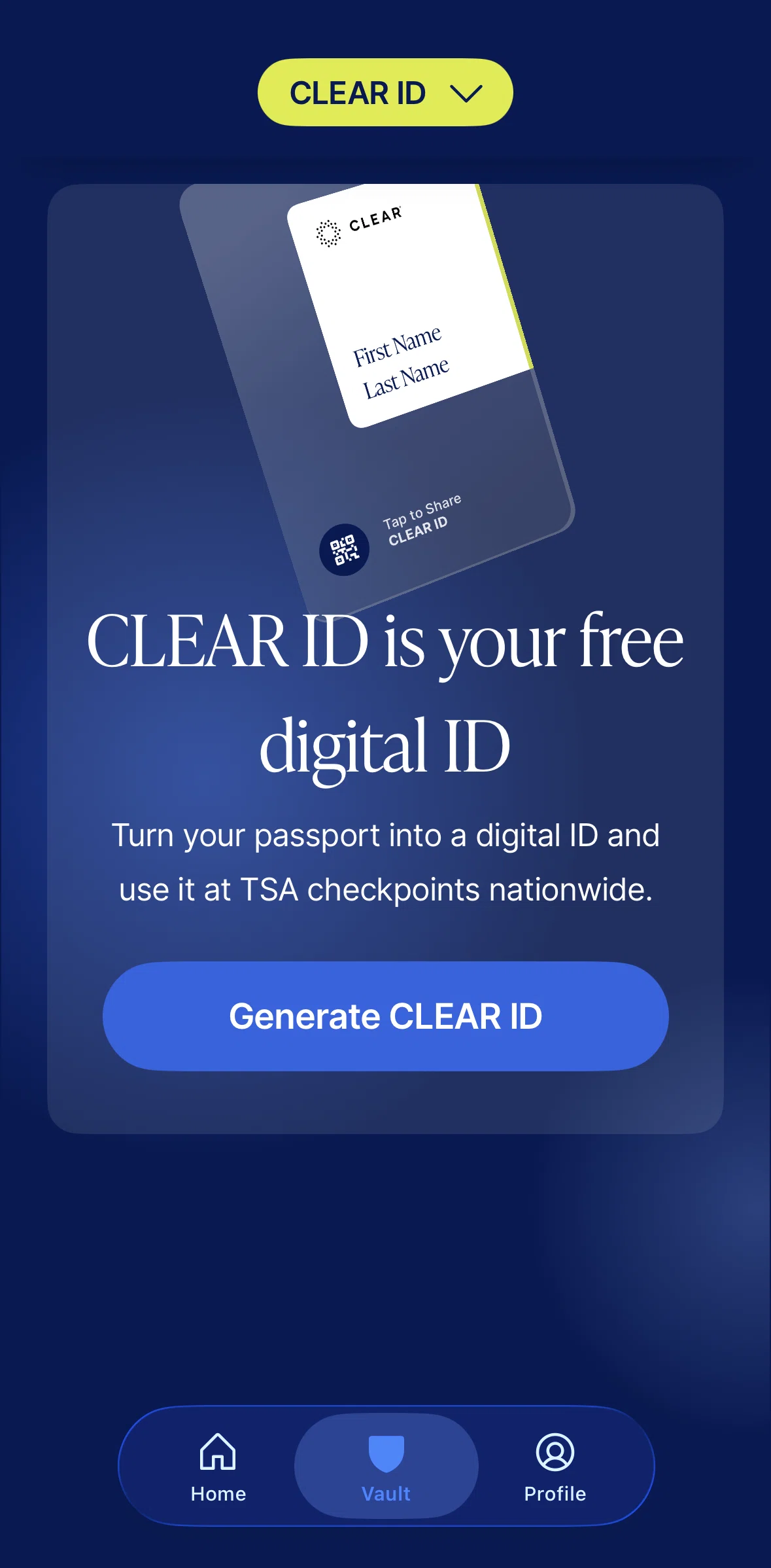CLEAR Screen screen in the Generating a CLEAR ID flow