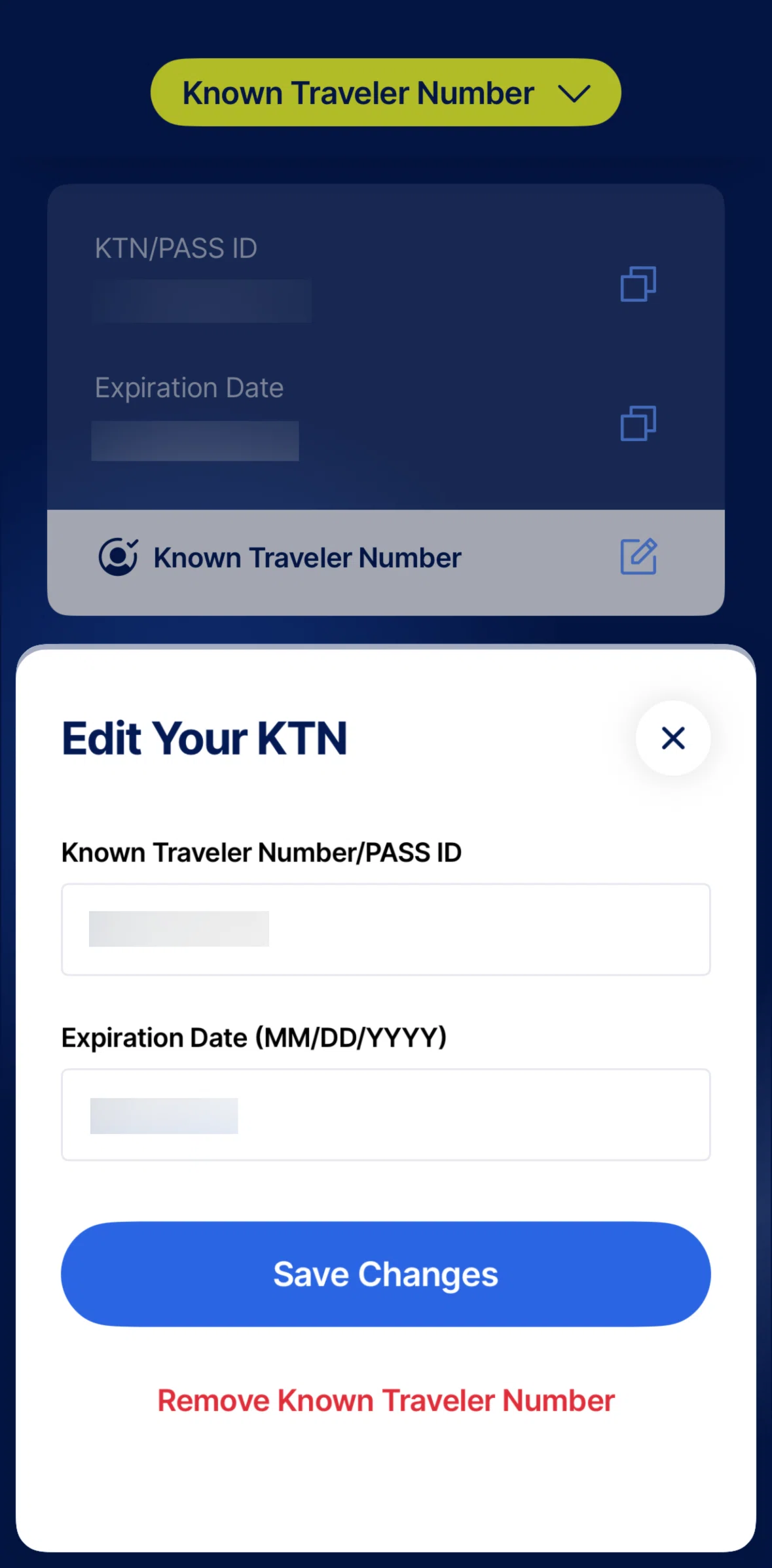 CLEAR Screen screen in the Removing a KTN flow