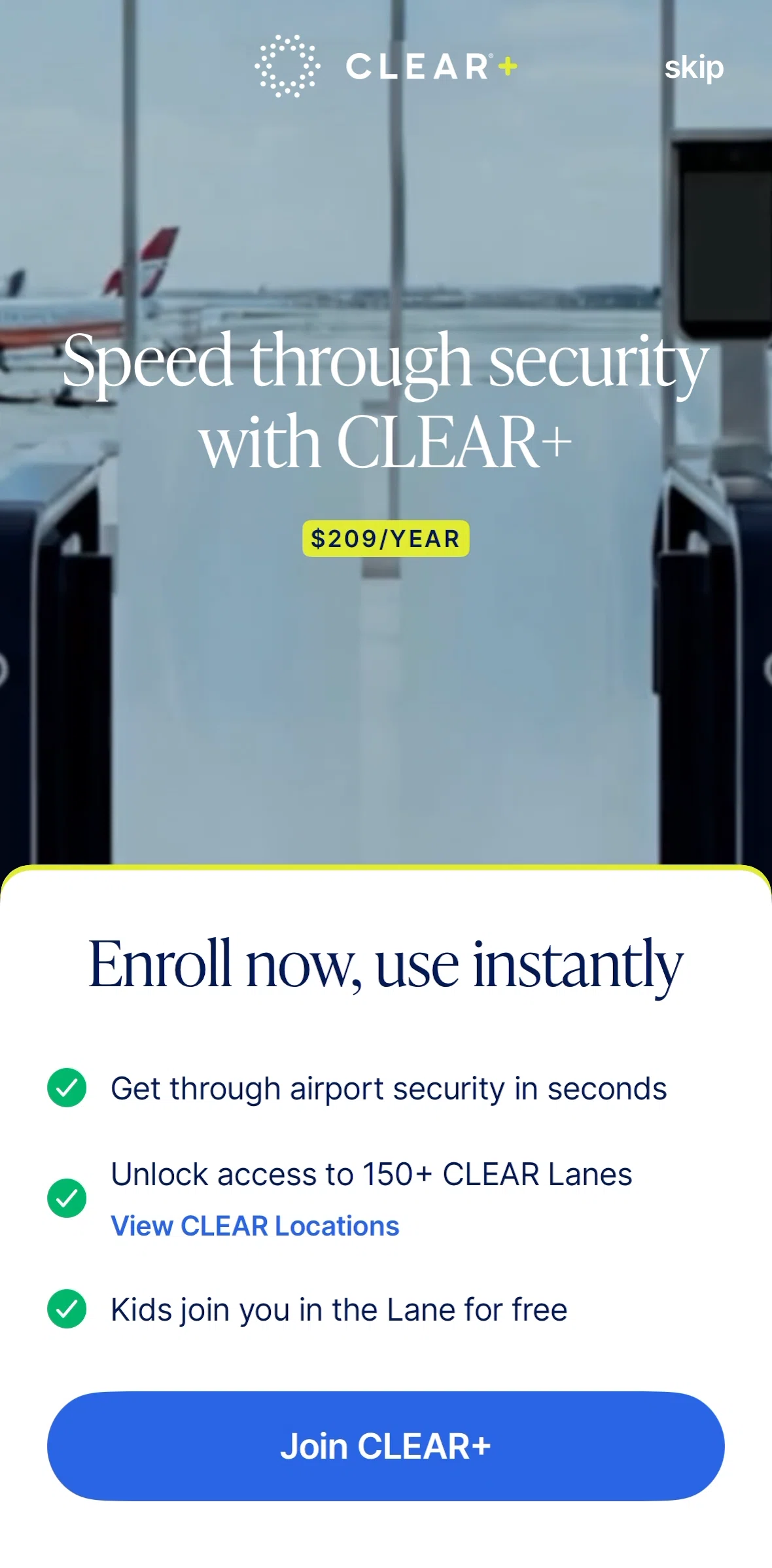 CLEAR Screen screen in the Subscribing to CLEAR+ flow