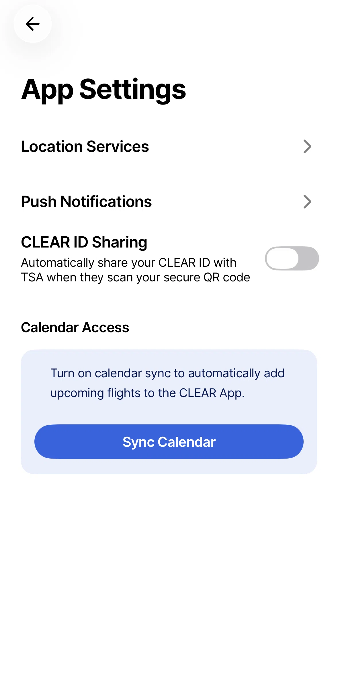 CLEAR Screen screen in the Turning on CLEAR ID sharing flow