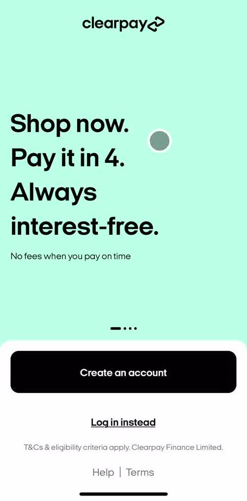Clearpay Welcome slides screen in the Onboarding flow