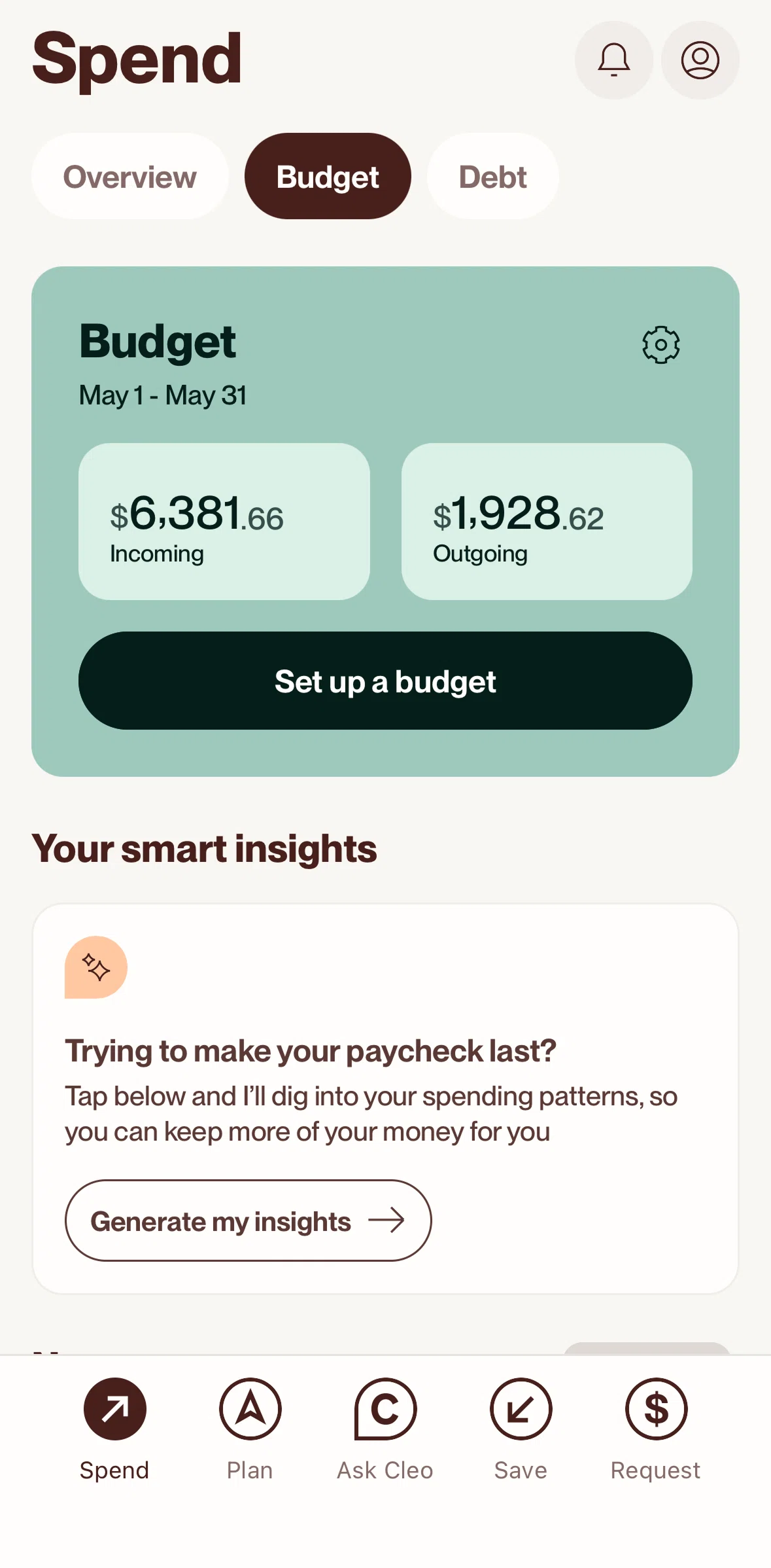 Cleo AI Screen screen in the Budget flow