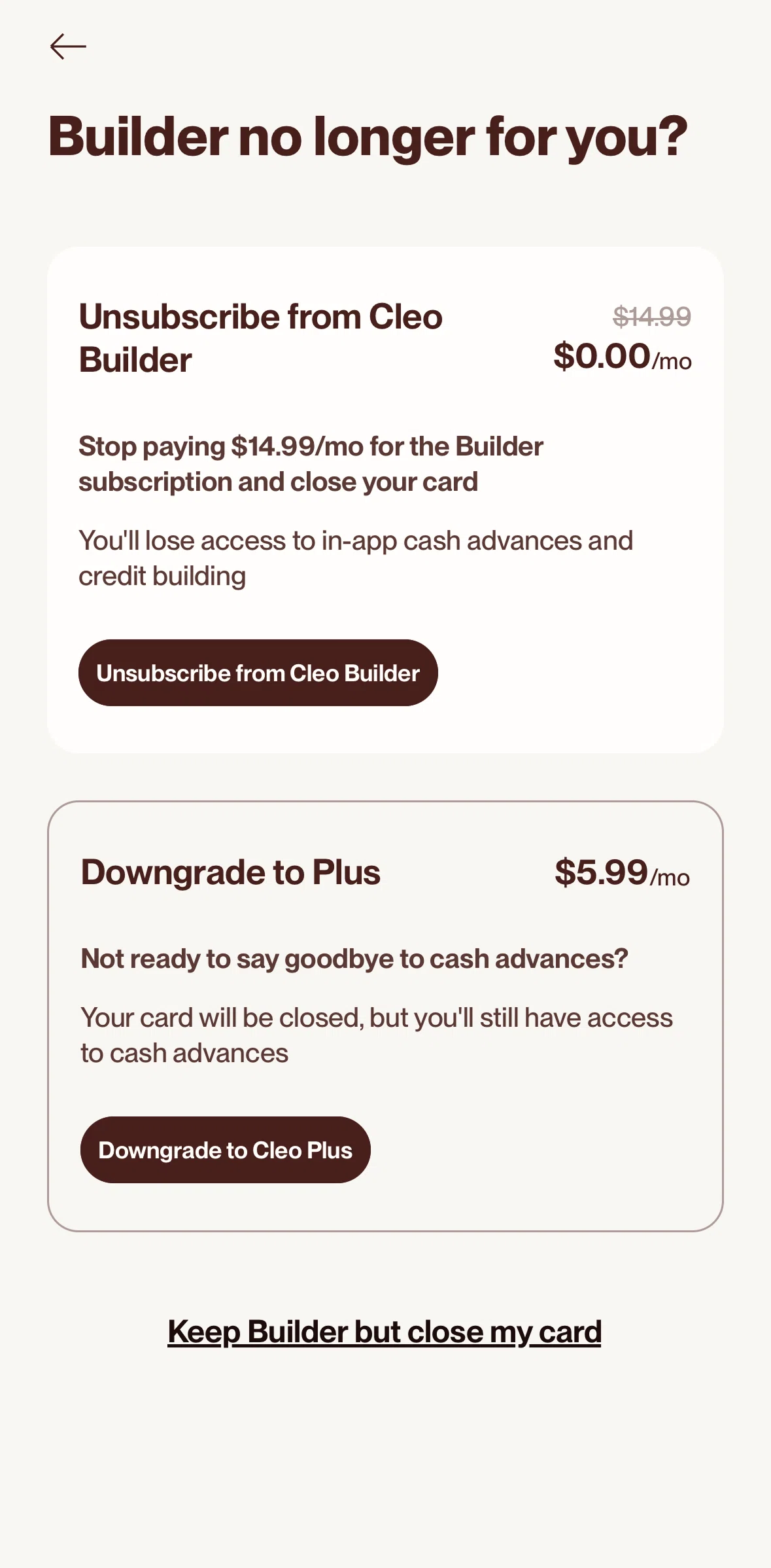 Cleo AI Screen screen in the Canceling a subscription flow