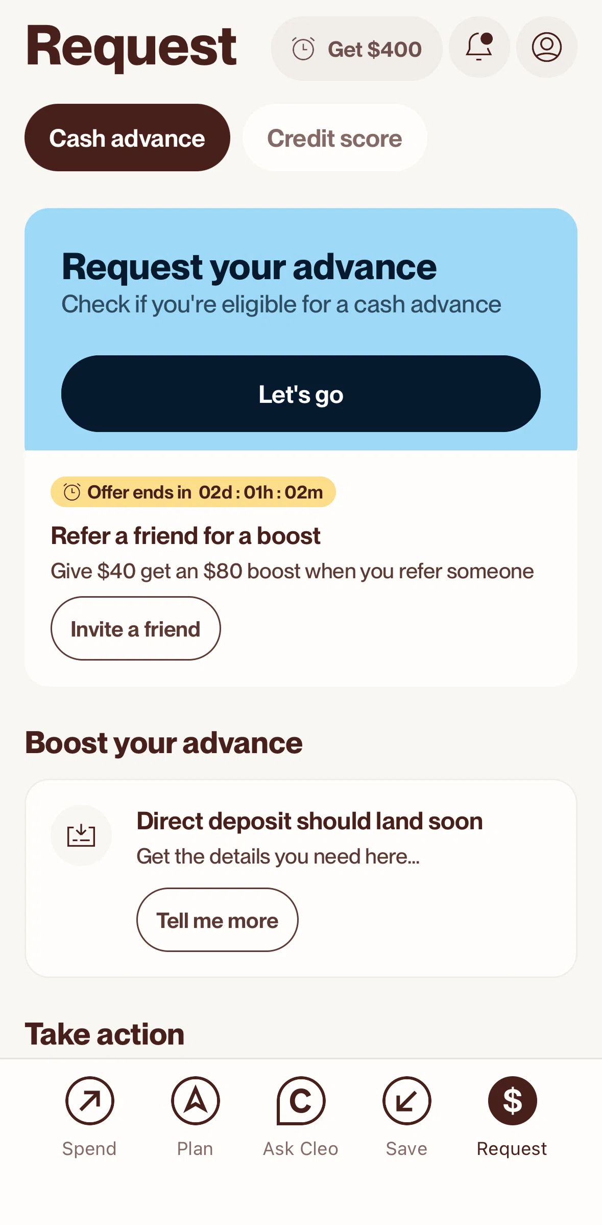Cleo AI Screen screen in the Cash advance flow