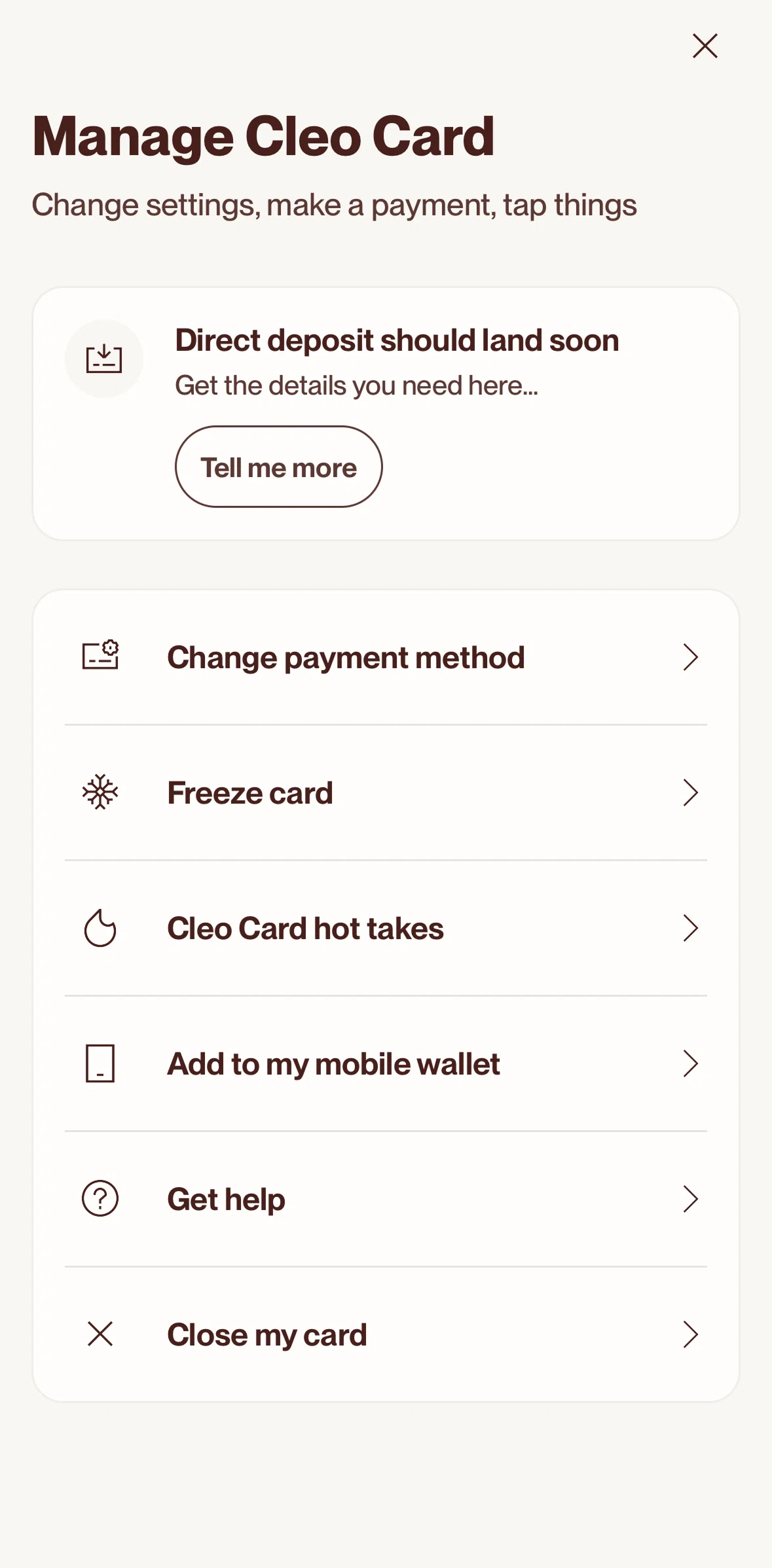 Cleo AI Screen screen in the Closing a card flow