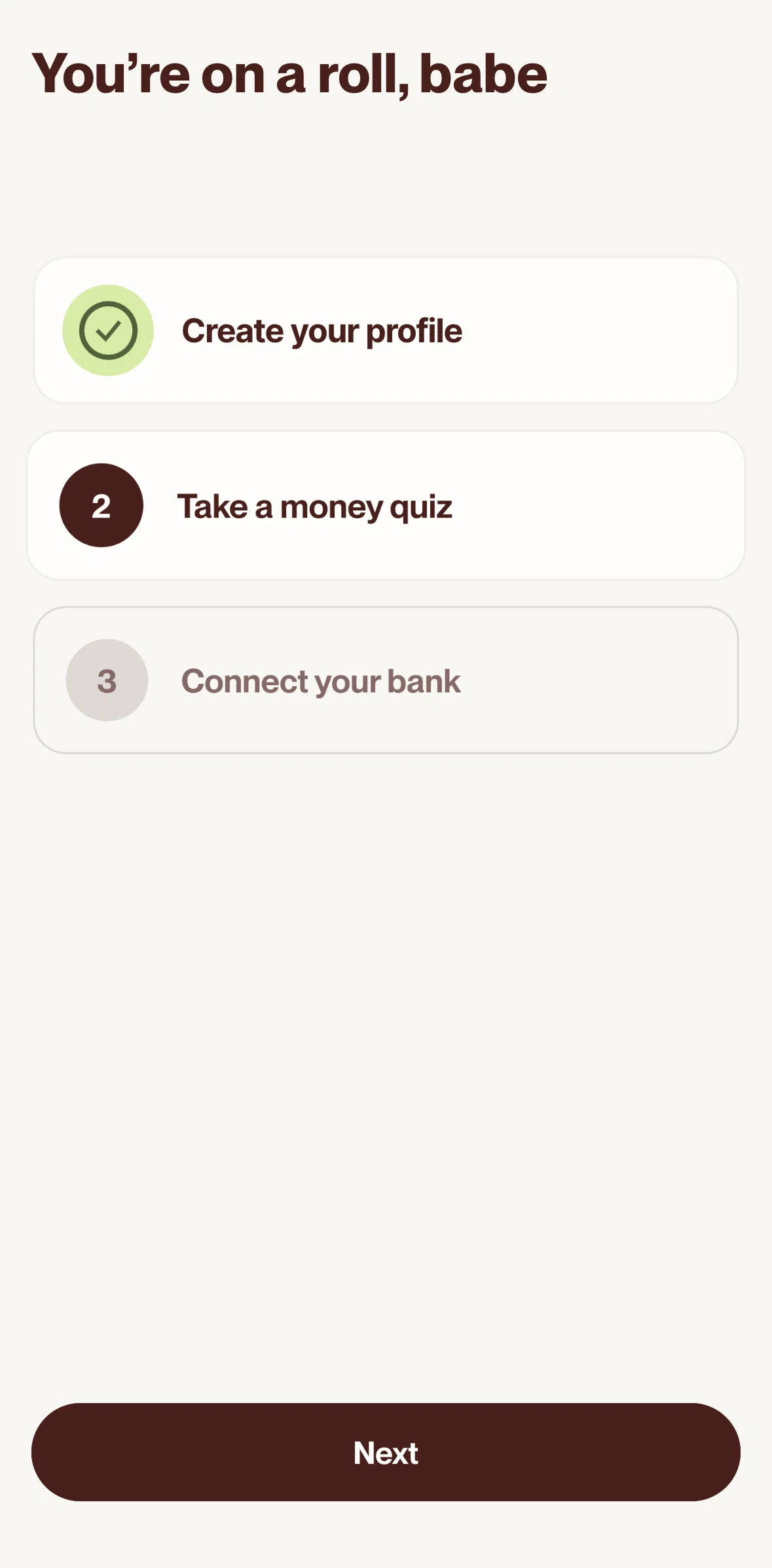 Cleo AI Screen screen in the Completing a money quiz flow