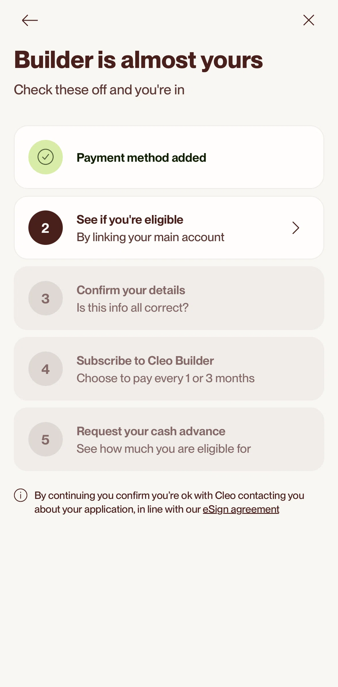 Cleo AI Screen screen in the Completing an eligibility checking flow