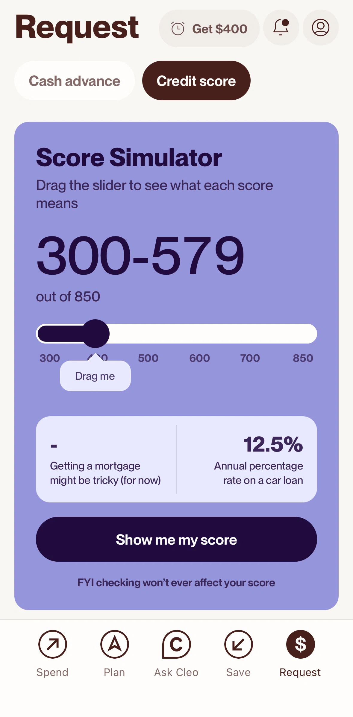 Cleo AI Screen screen in the Credit score flow