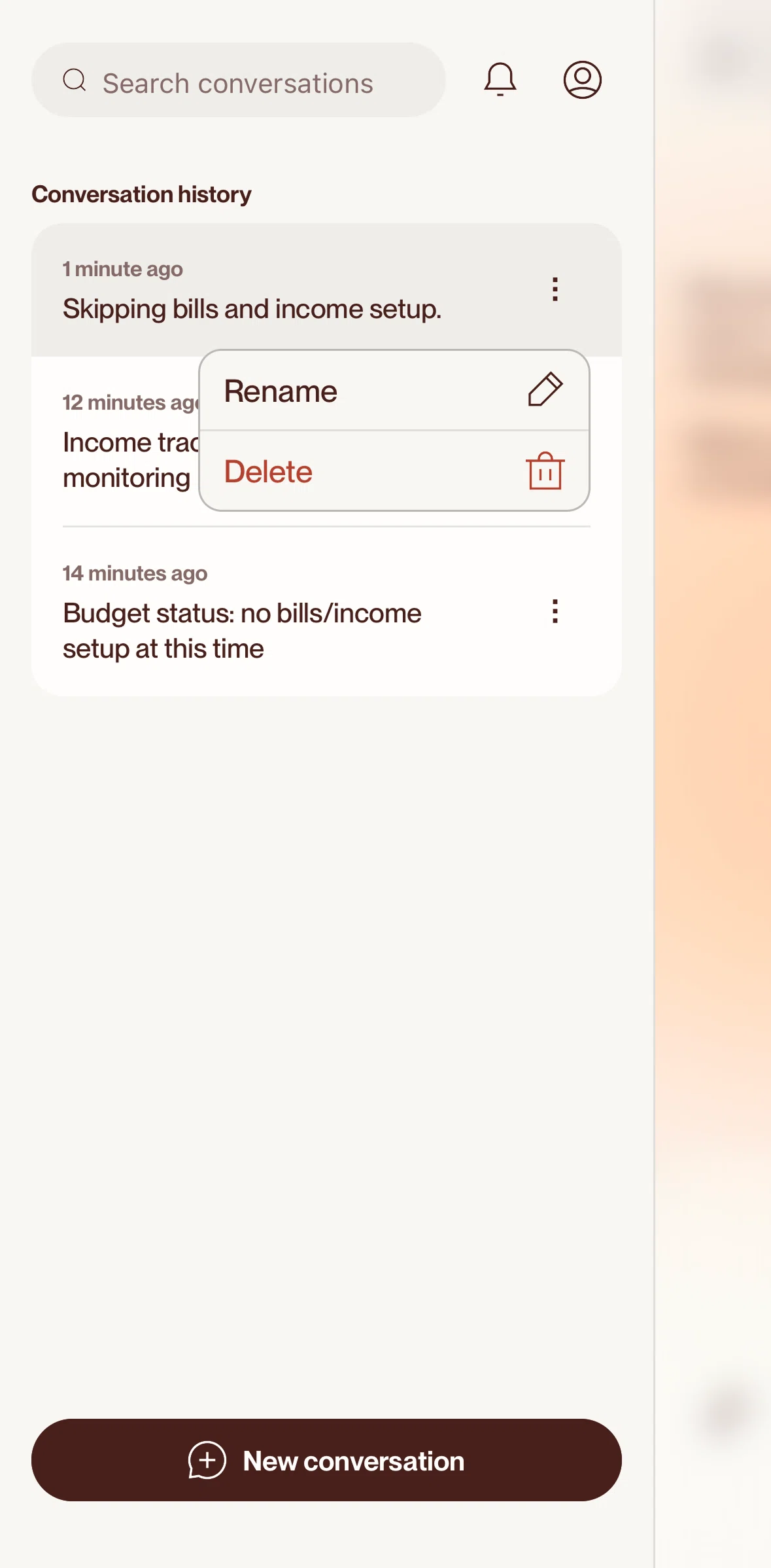 Cleo AI Screen screen in the Deleting a conversation flow