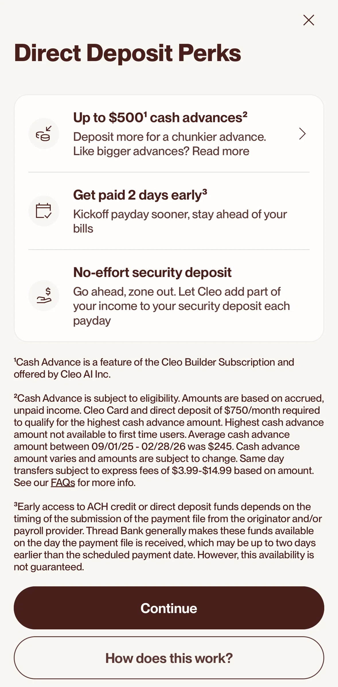 Cleo AI Screen screen in the Direct deposit information flow