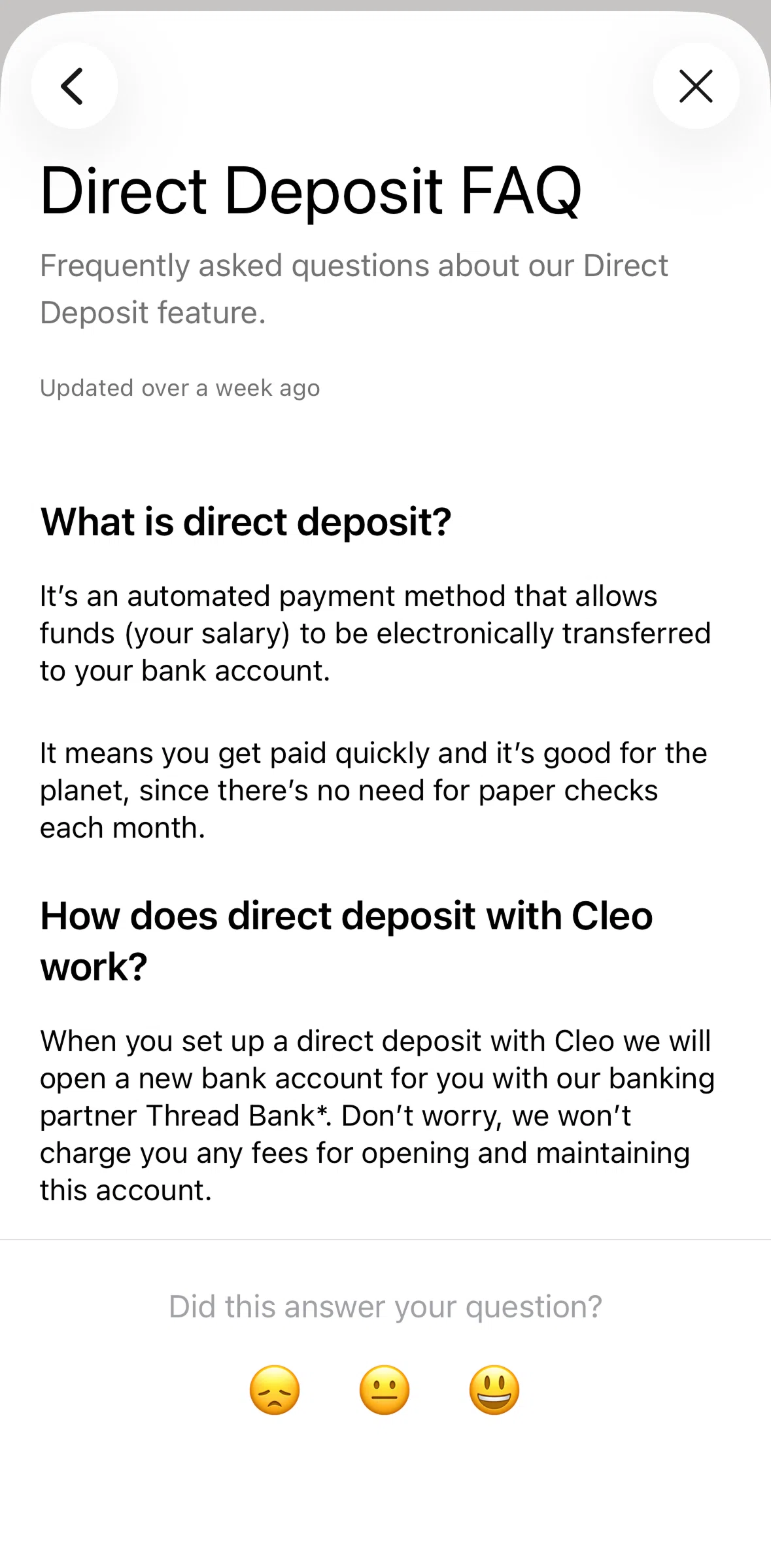 Cleo AI Screen screen in the Giving a feedback (article) flow