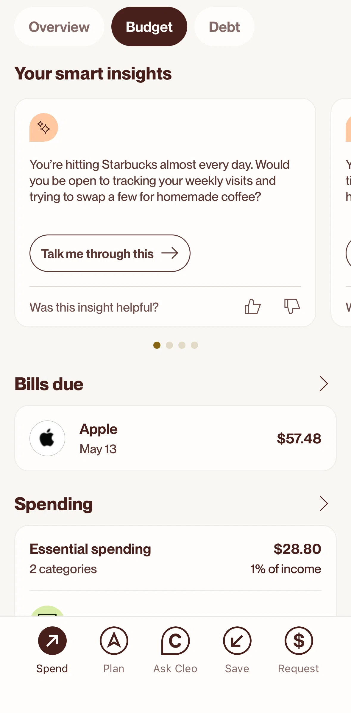 Cleo AI Screen screen in the Giving a feedback (insight) flow