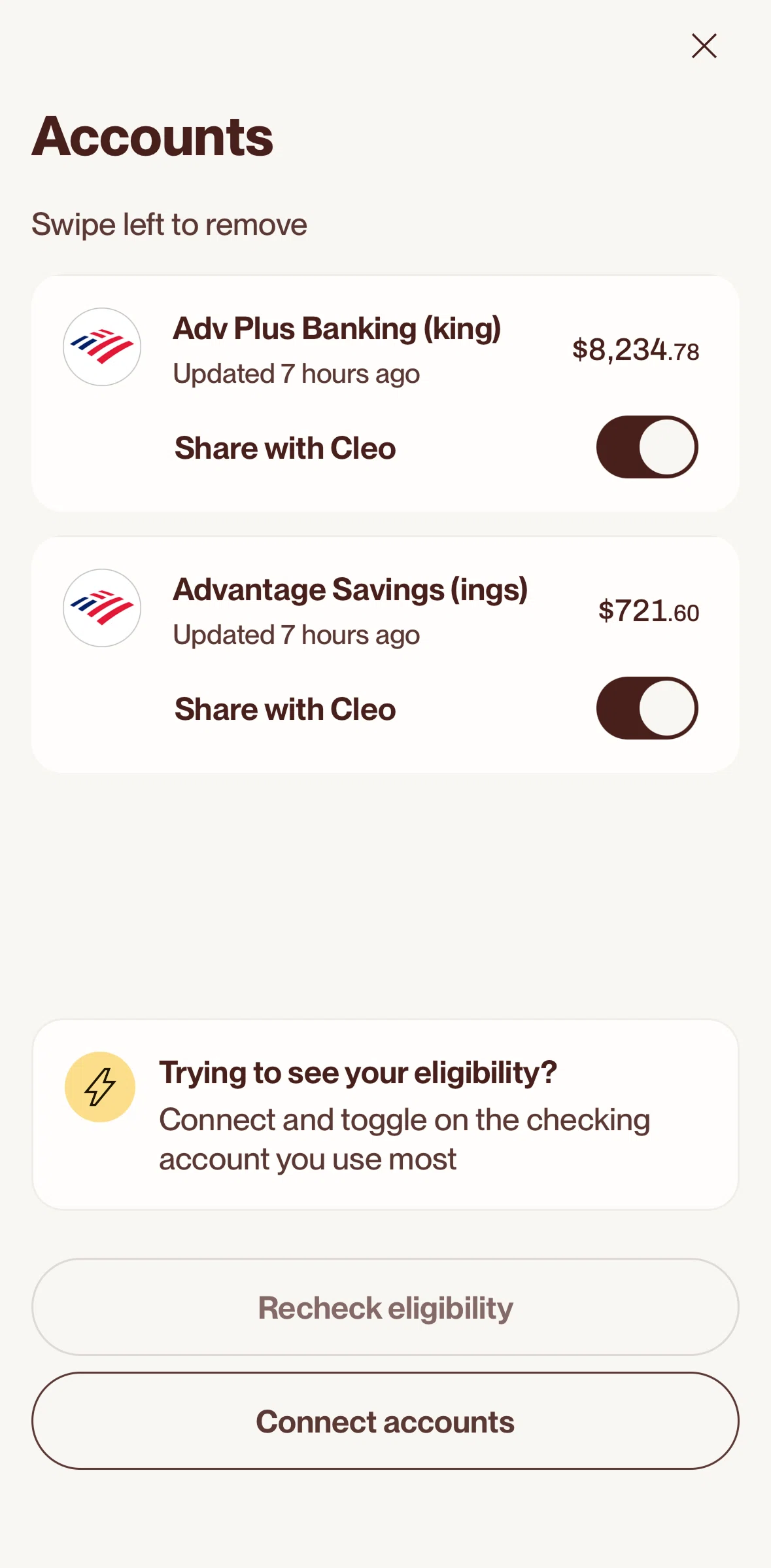 Cleo AI Screen screen in the Hiding an account flow