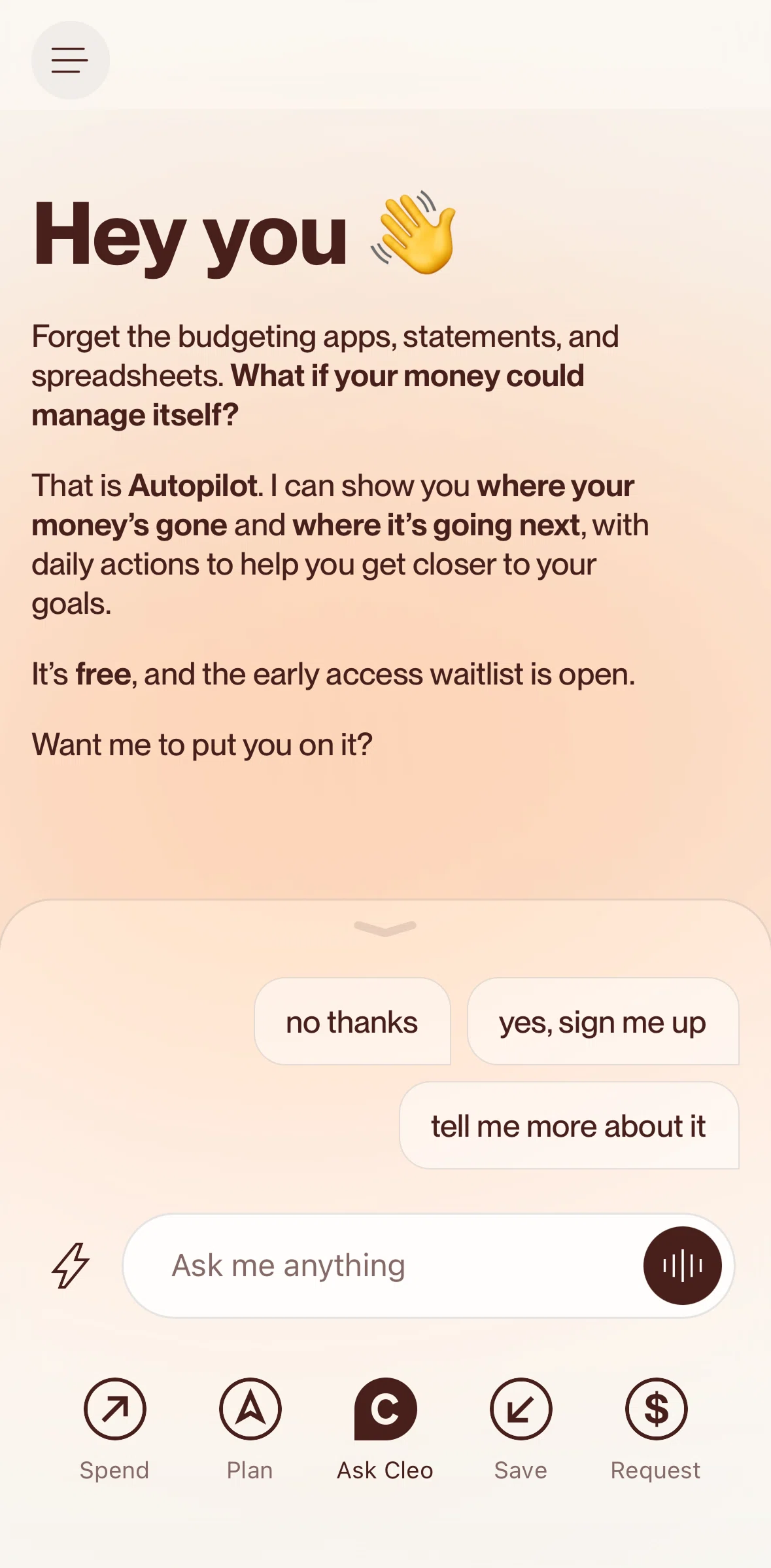 Cleo AI Screen screen in the Joining a waitlist flow