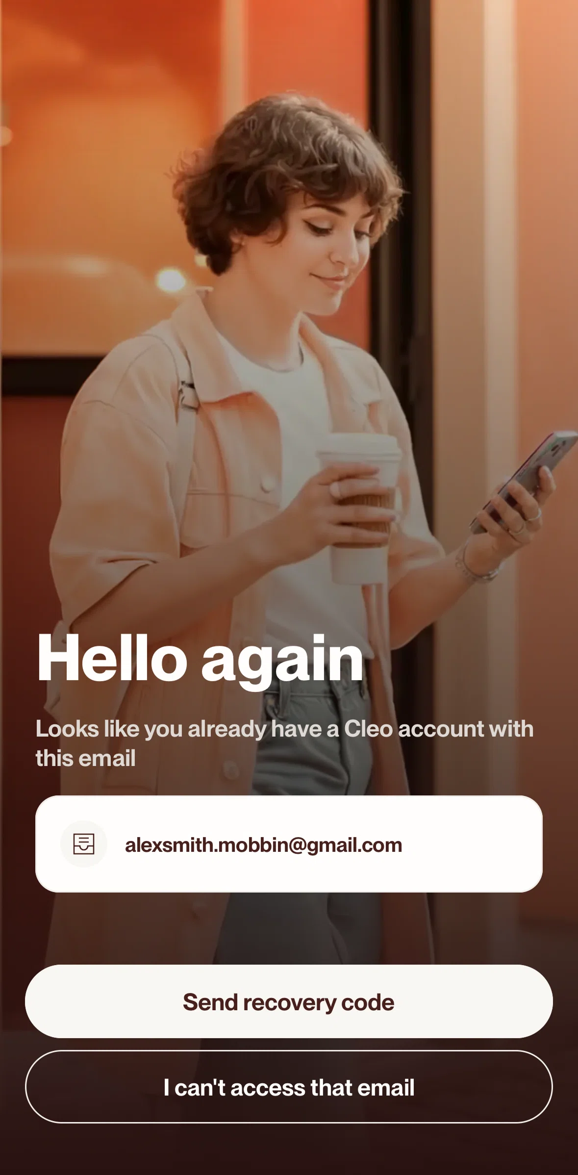 Cleo AI Screen screen in the Log in (can't access) flow