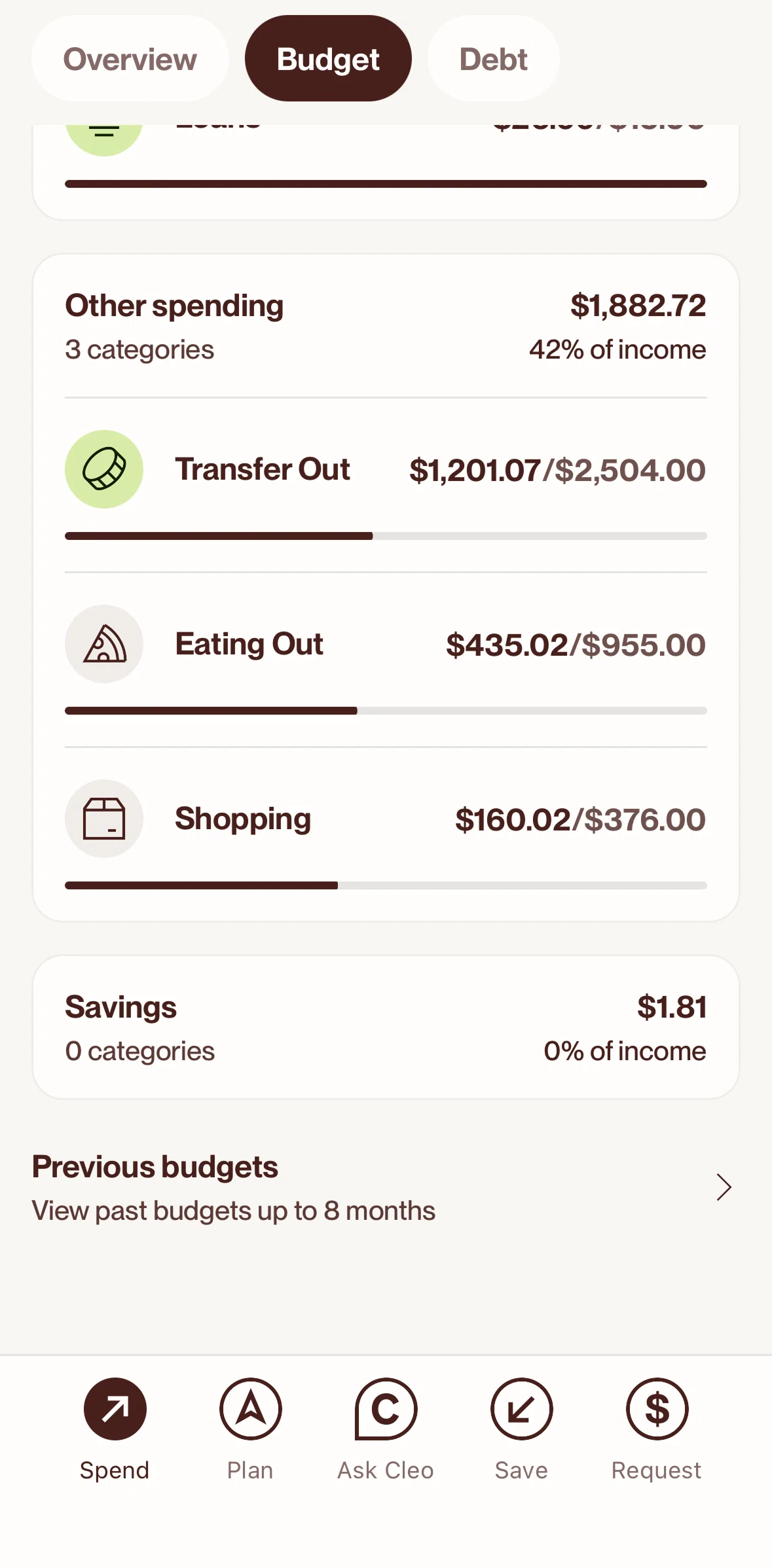 Cleo AI Screen screen in the Previous budgets flow