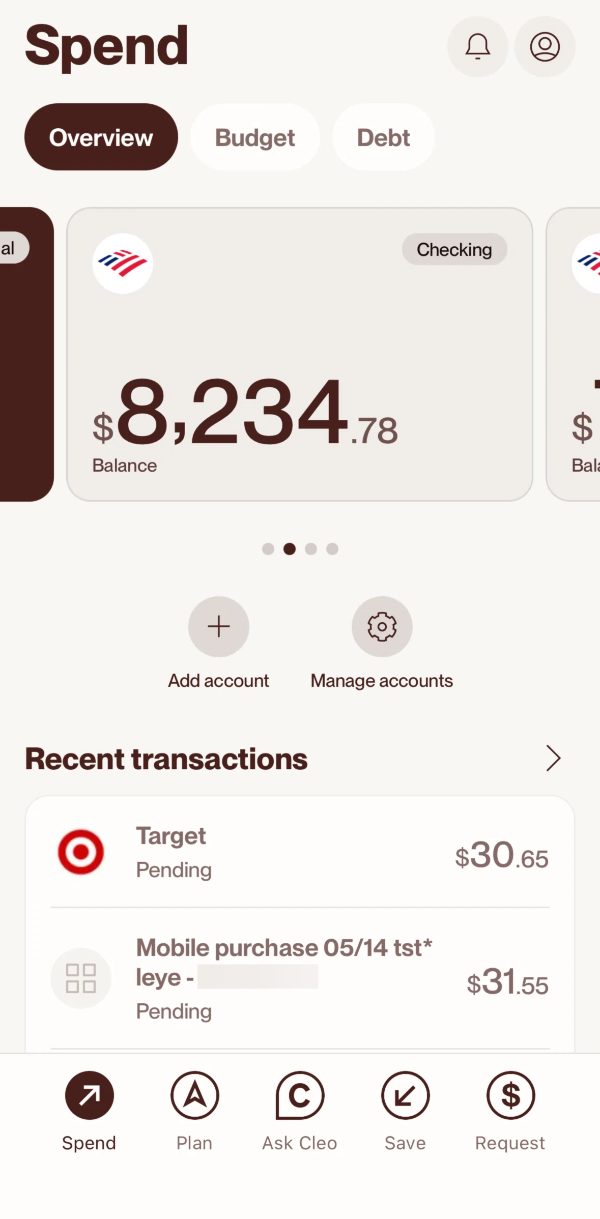 Cleo AI Screen screen in the Recent transactions flow