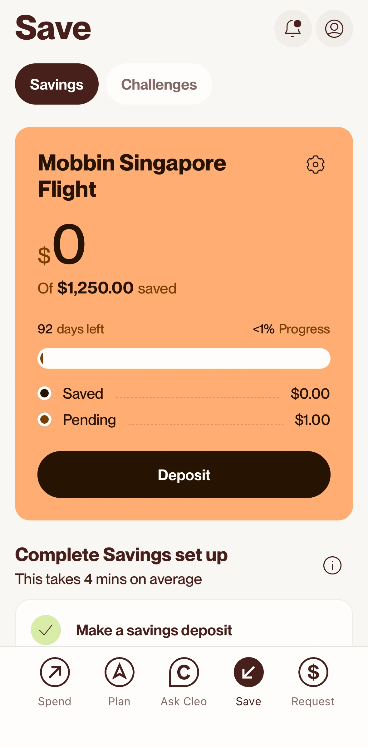 Cleo AI Screen screen in the Savings (save) flow