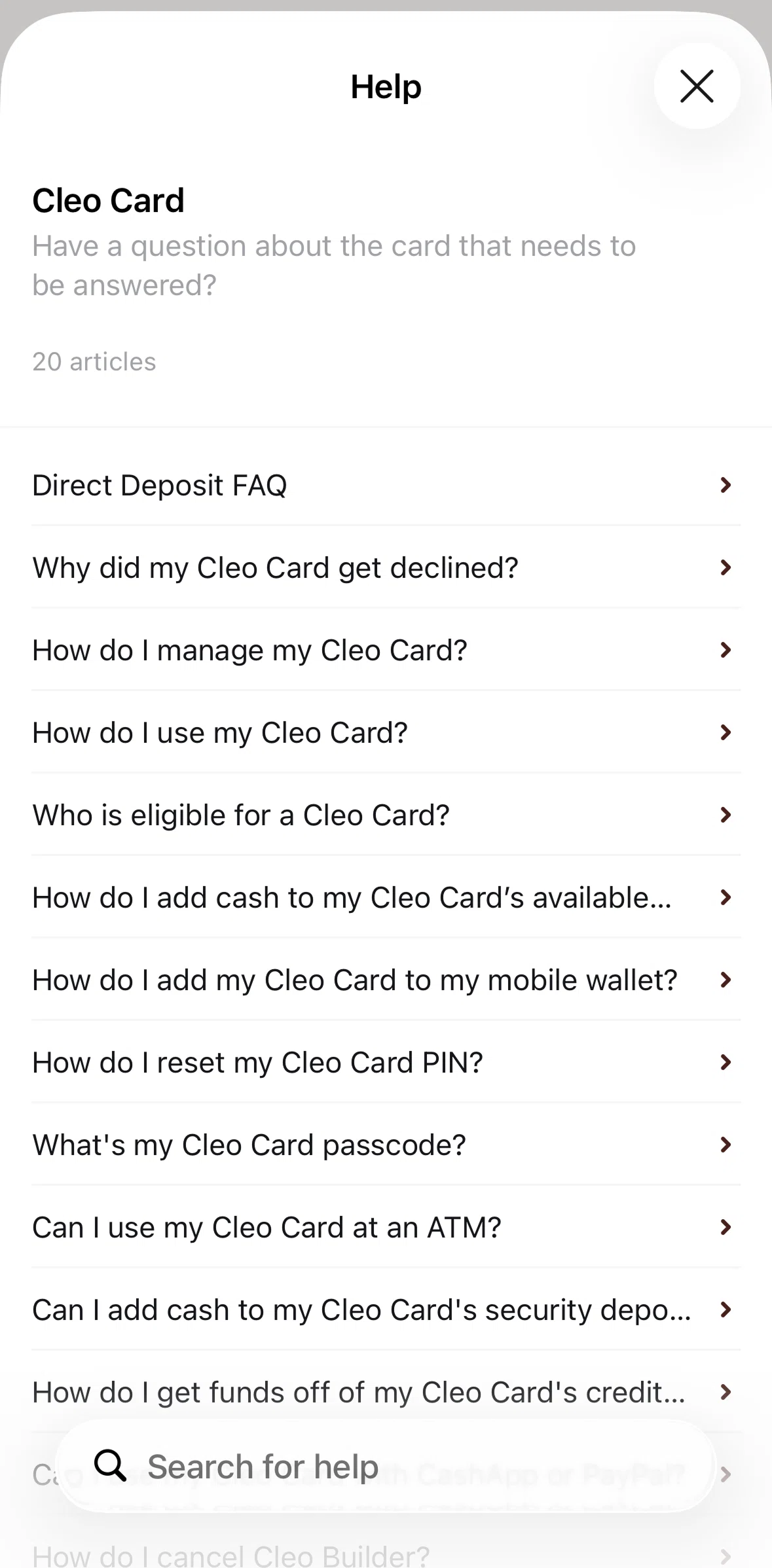 Cleo AI Screen screen in the Searching an article flow