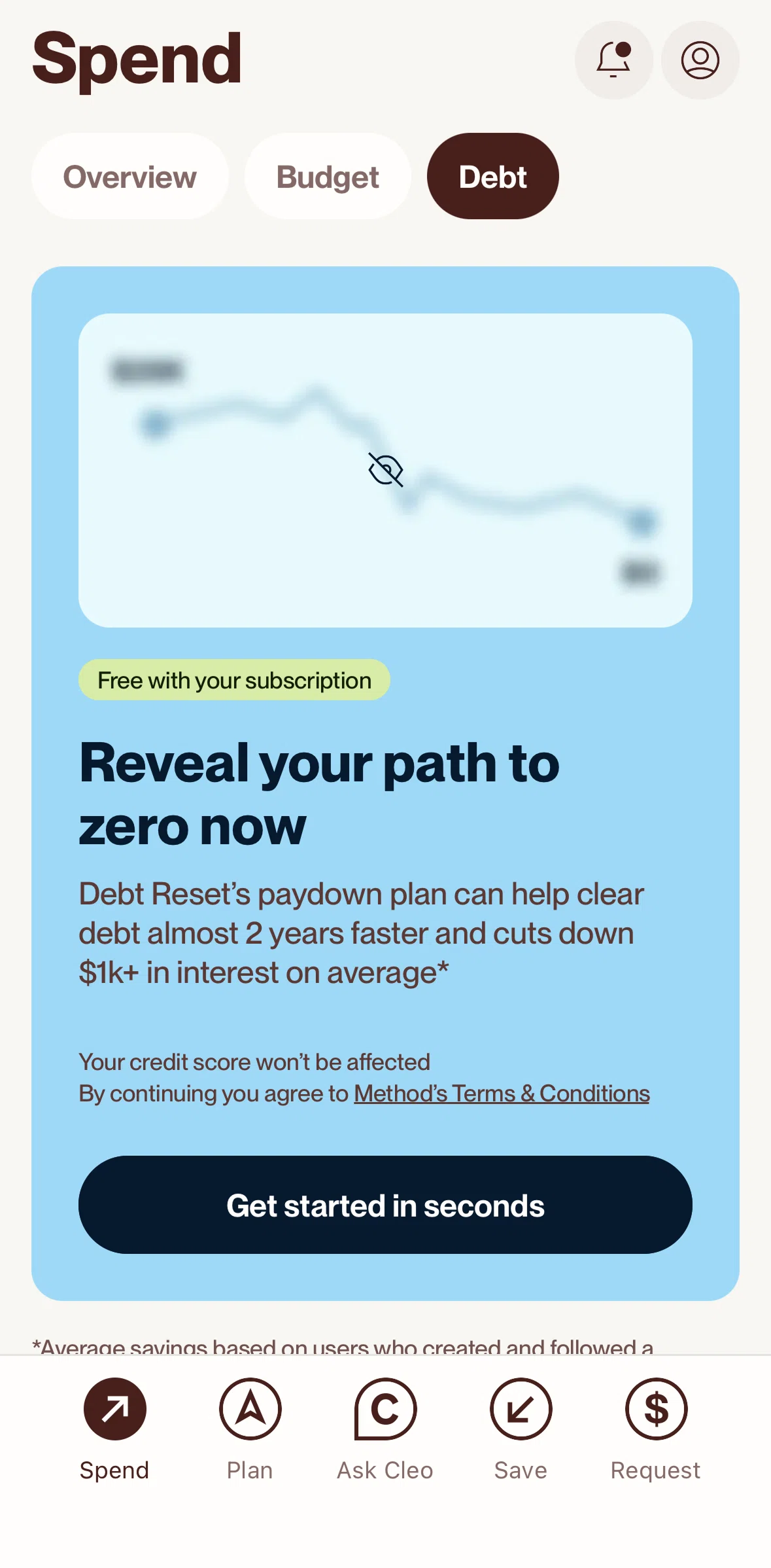 Cleo AI Screen screen in the Set up debt flow