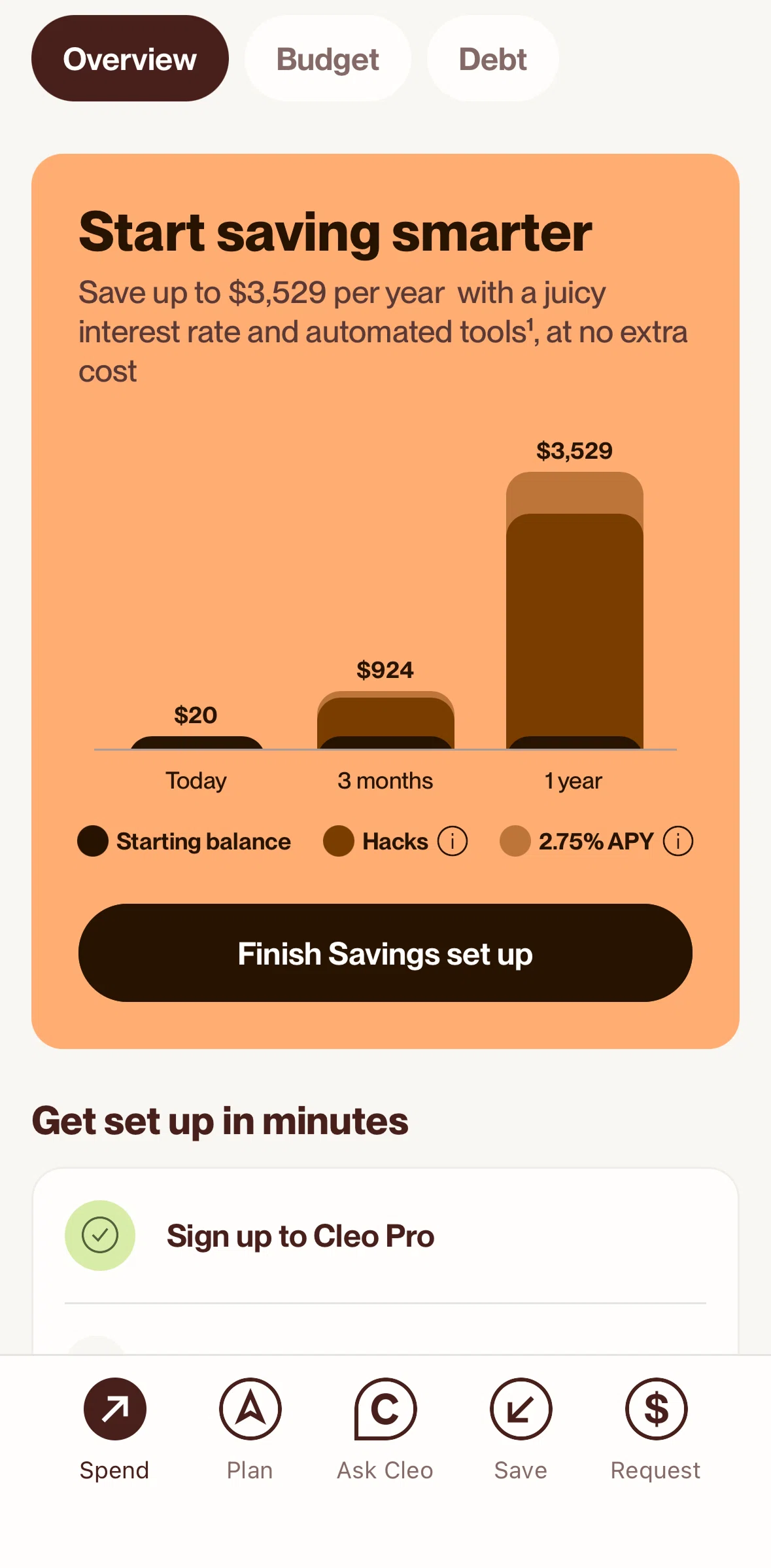 Cleo AI Screen screen in the Setting up savings flow