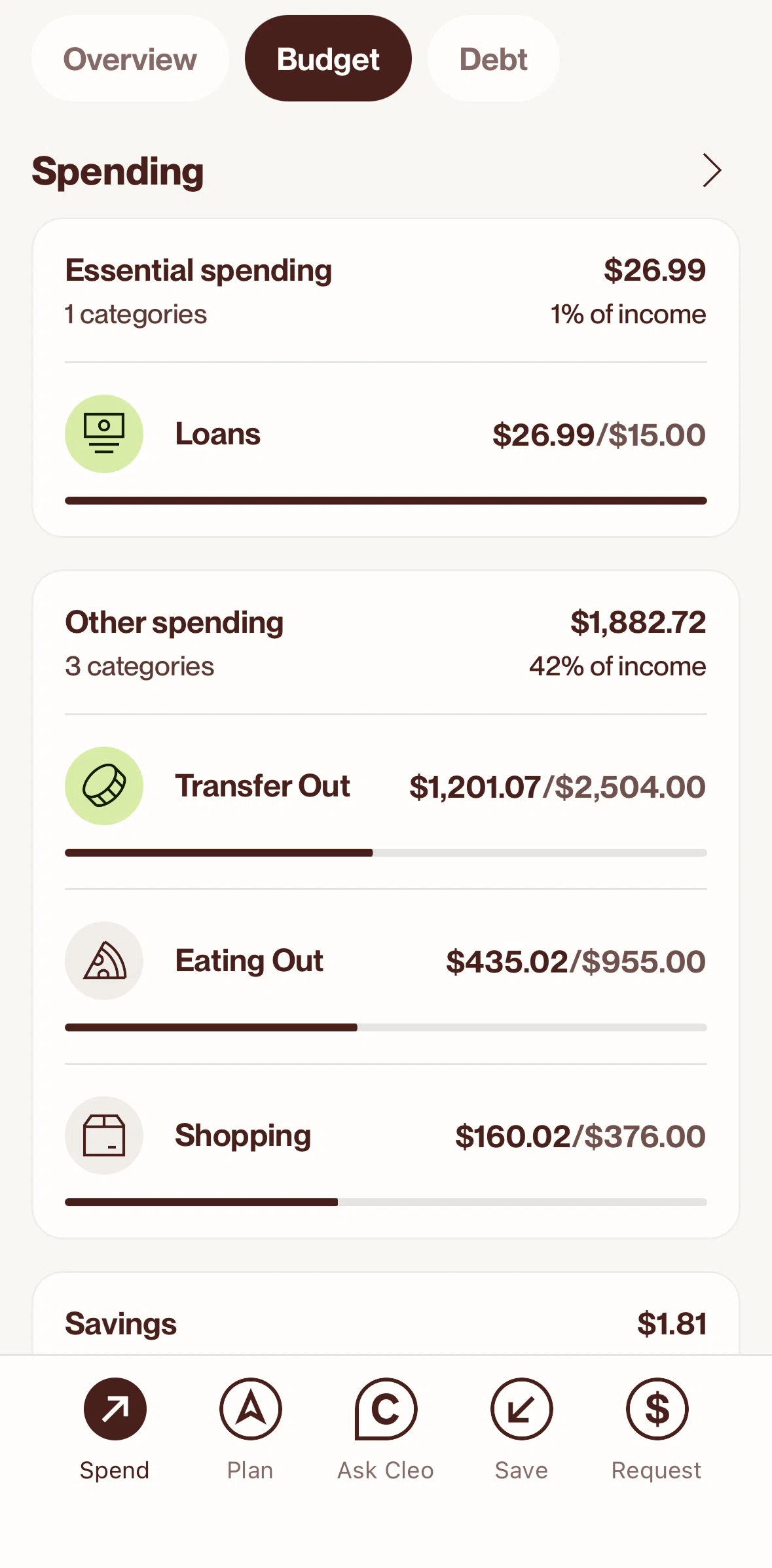 Cleo AI Screen screen in the Spending flow