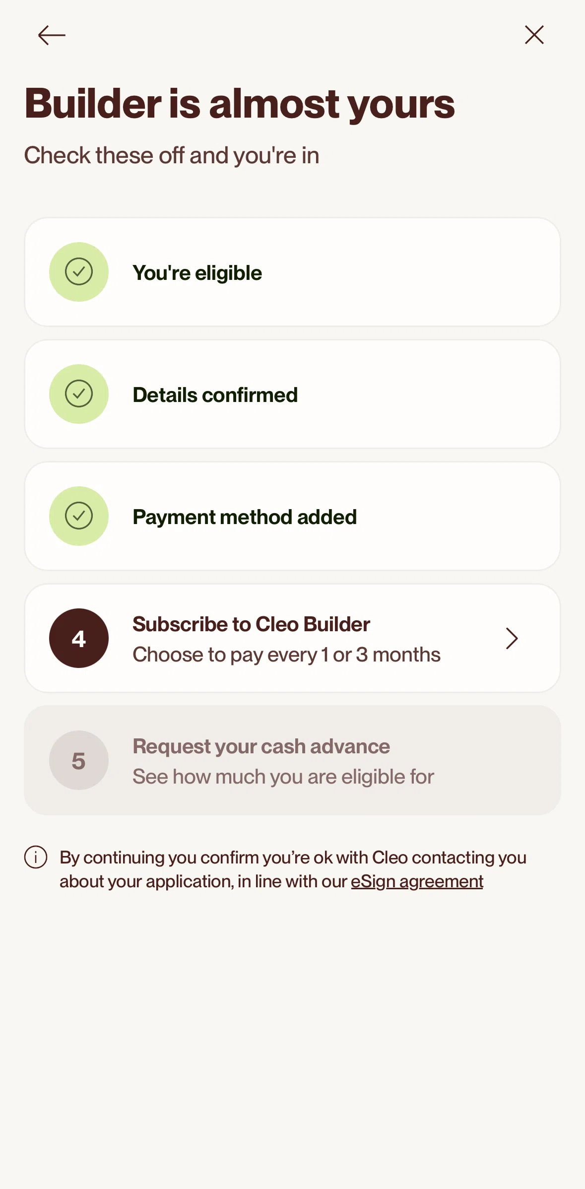 Cleo AI Screen screen in the Subscribing to Cleo Builder flow
