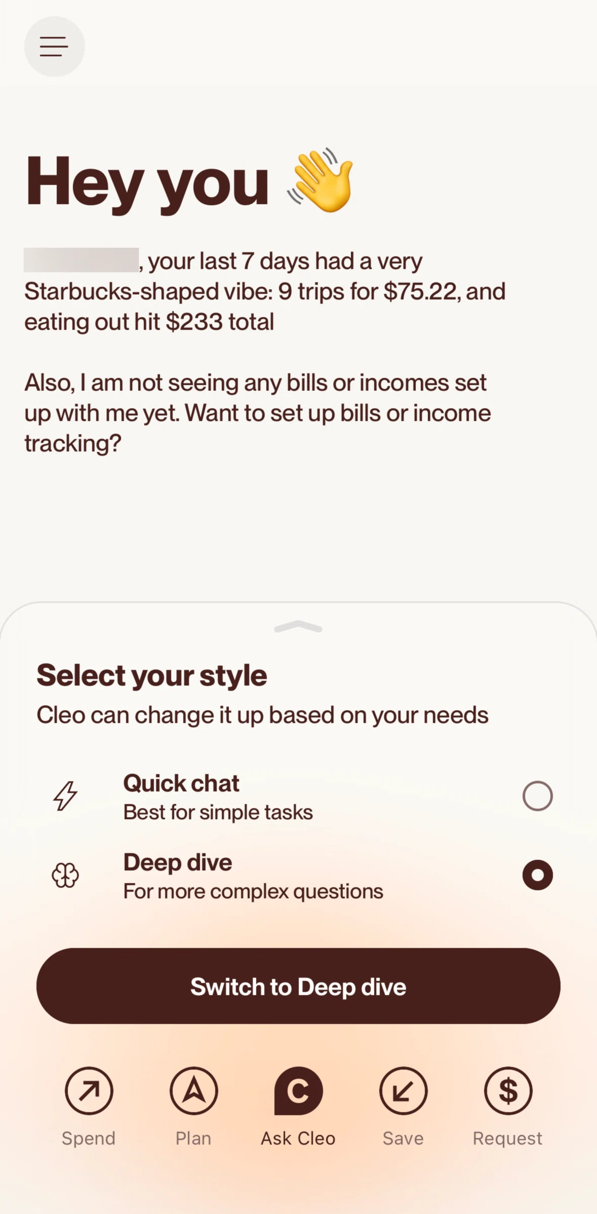 Cleo AI Screen screen in the Switching to Deep Dive flow