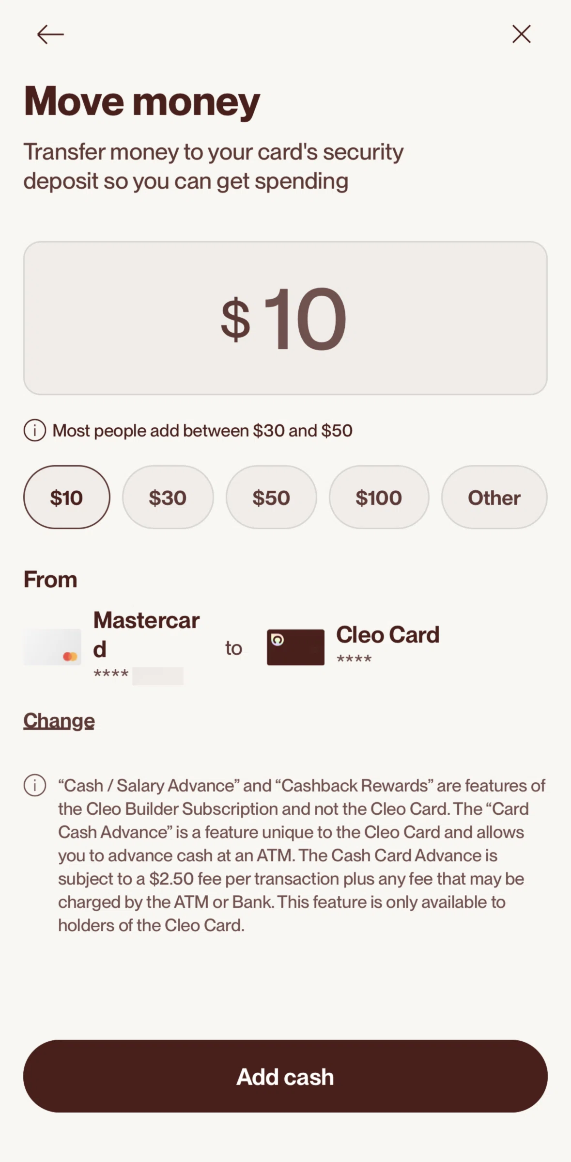 Cleo AI Screen screen in the Transferring money flow