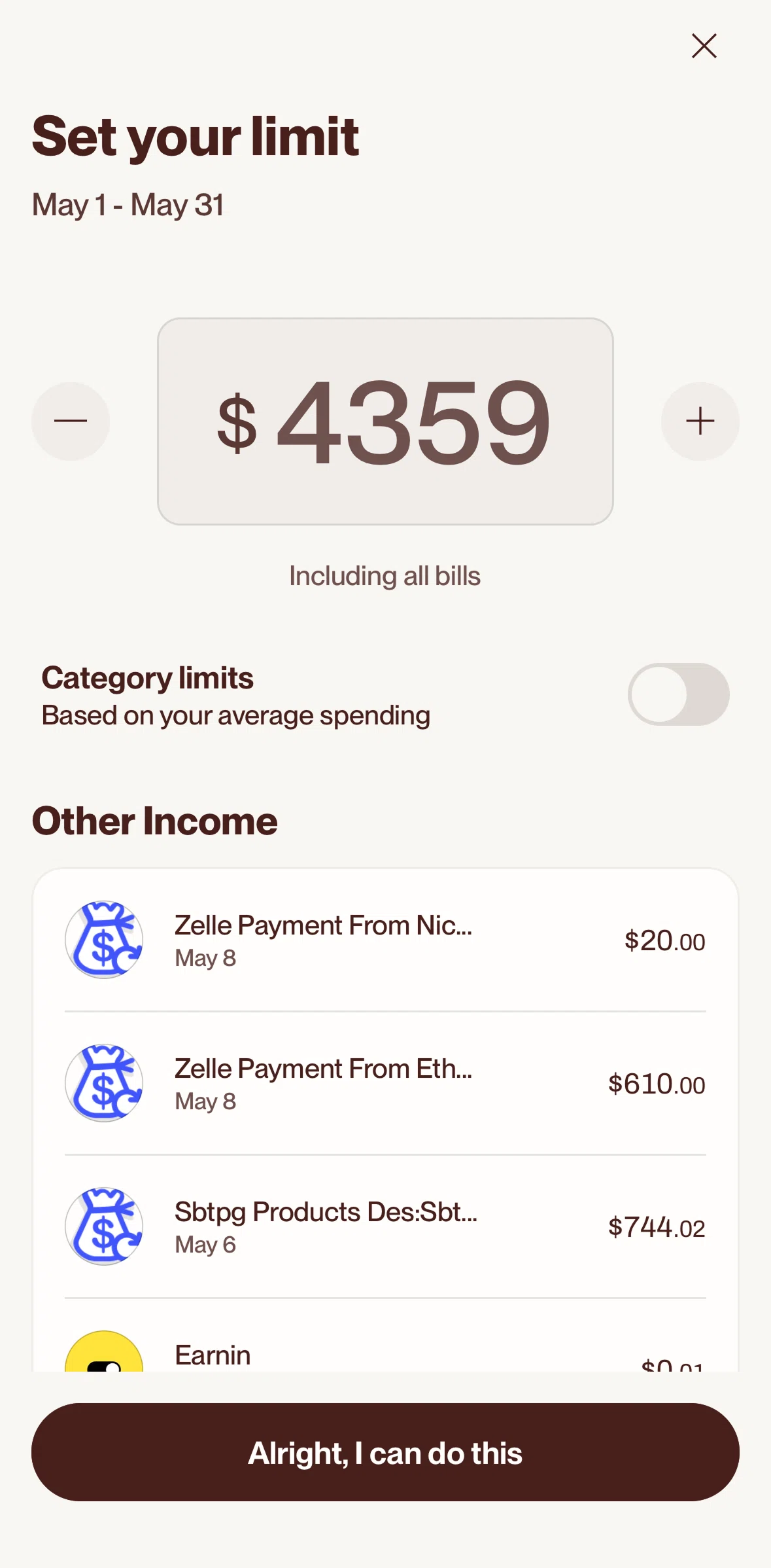 Cleo AI Screen screen in the Turning on category limits flow