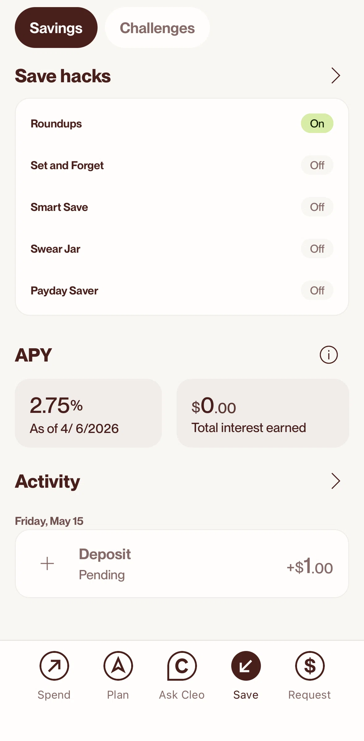 Cleo AI Screen screen in the Turning on swear jar flow
