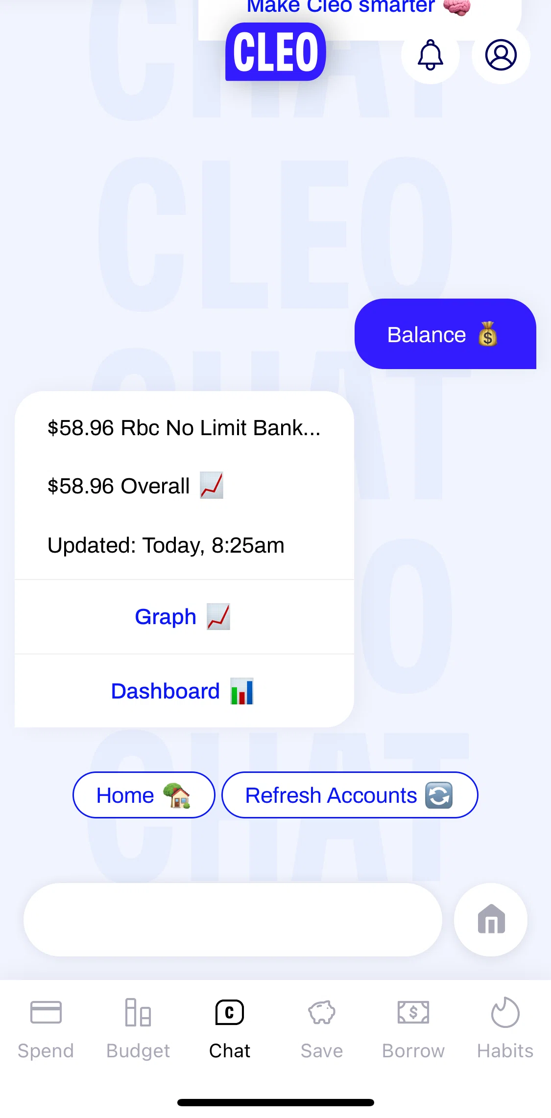 Cleo Screen screen in the Balance graph flow
