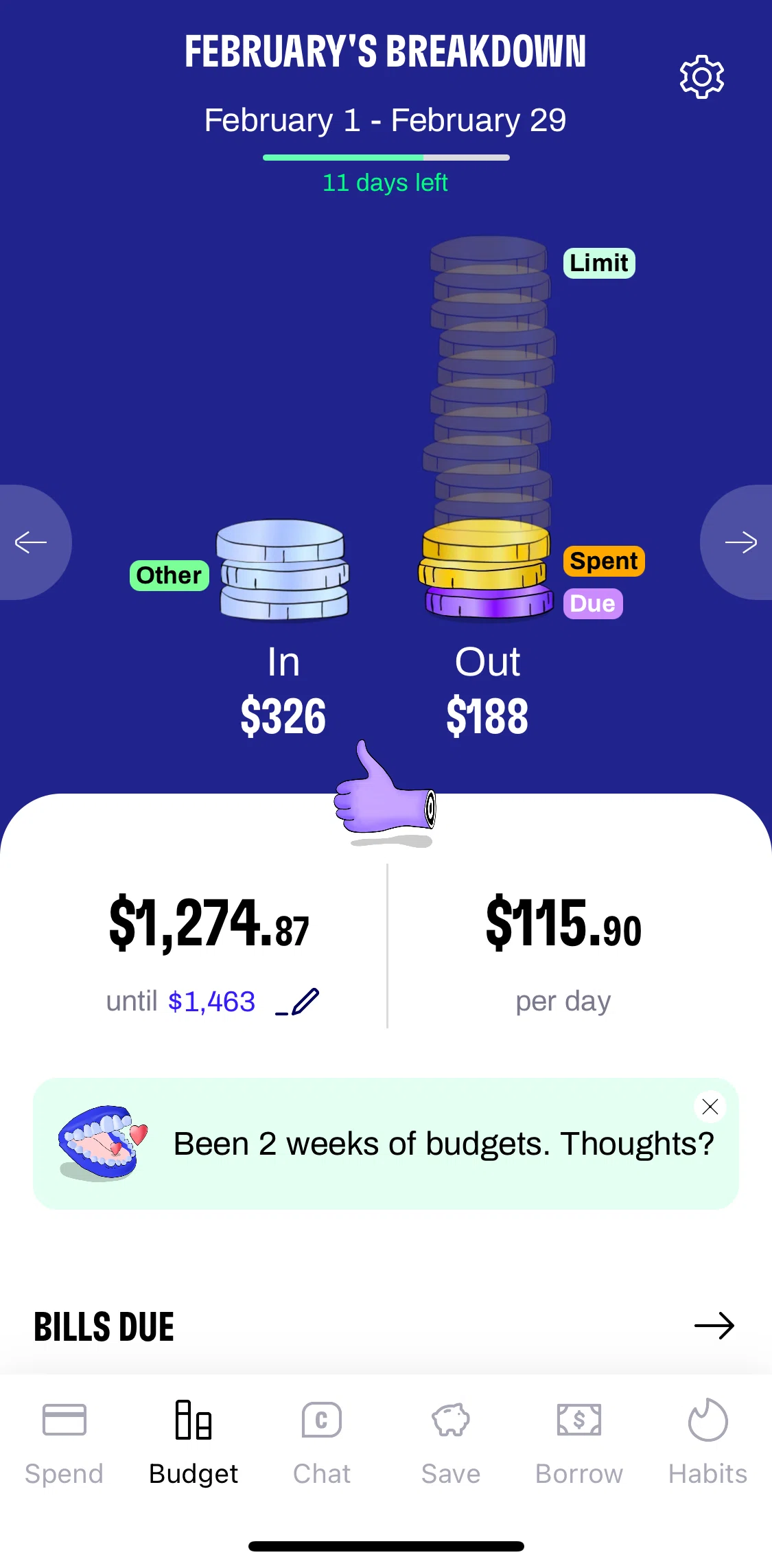 Cleo Screen screen in the Budget flow