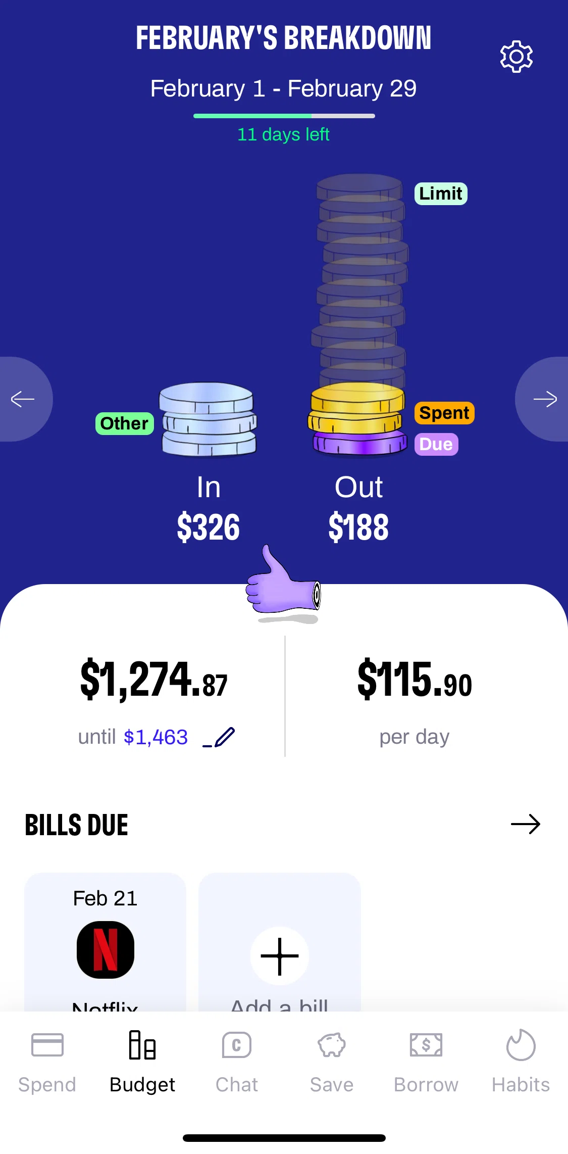 Cleo Screen screen in the Confirming bills flow