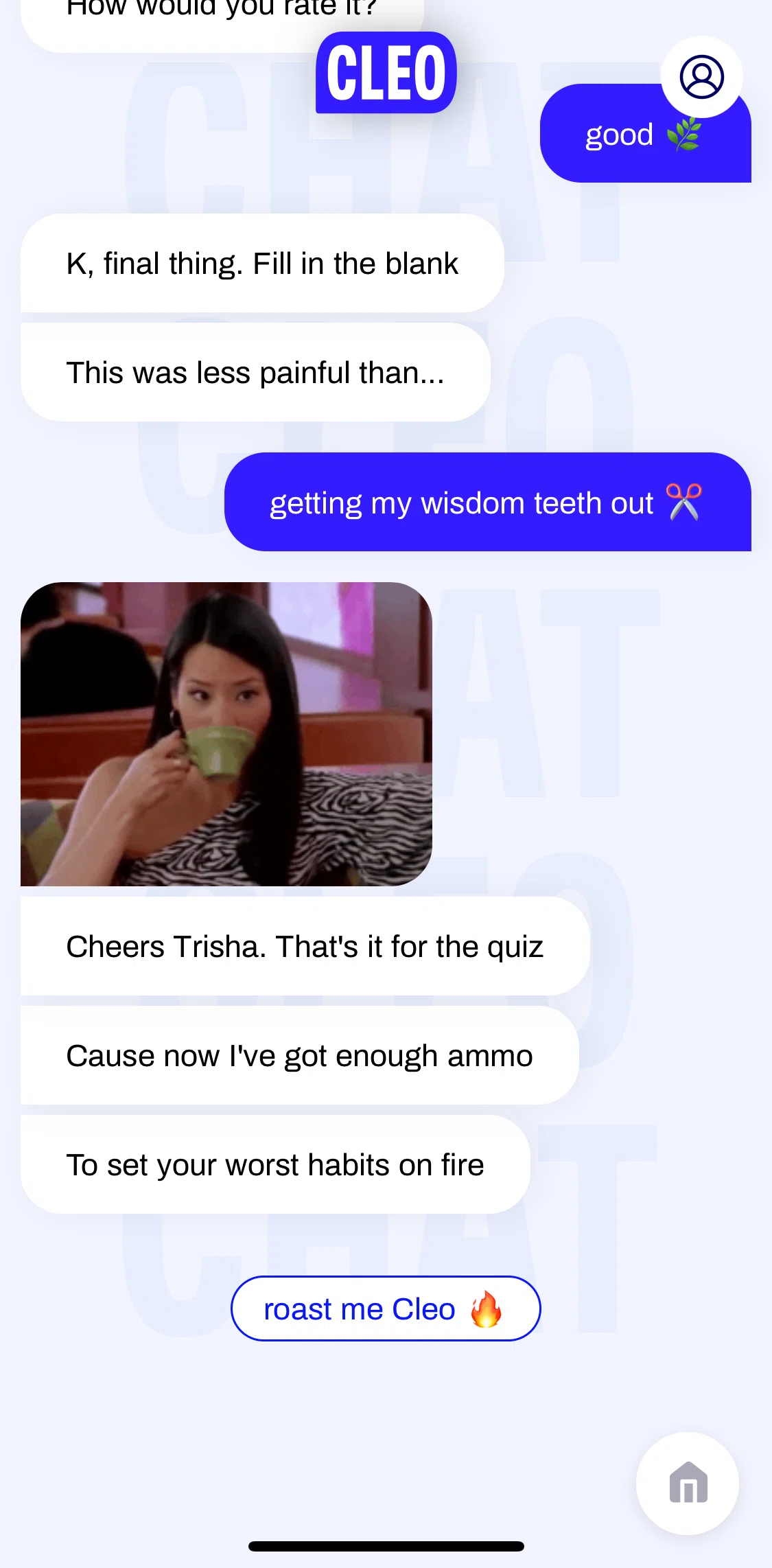 Cleo Screen screen in the Getting roasted by Cleo flow