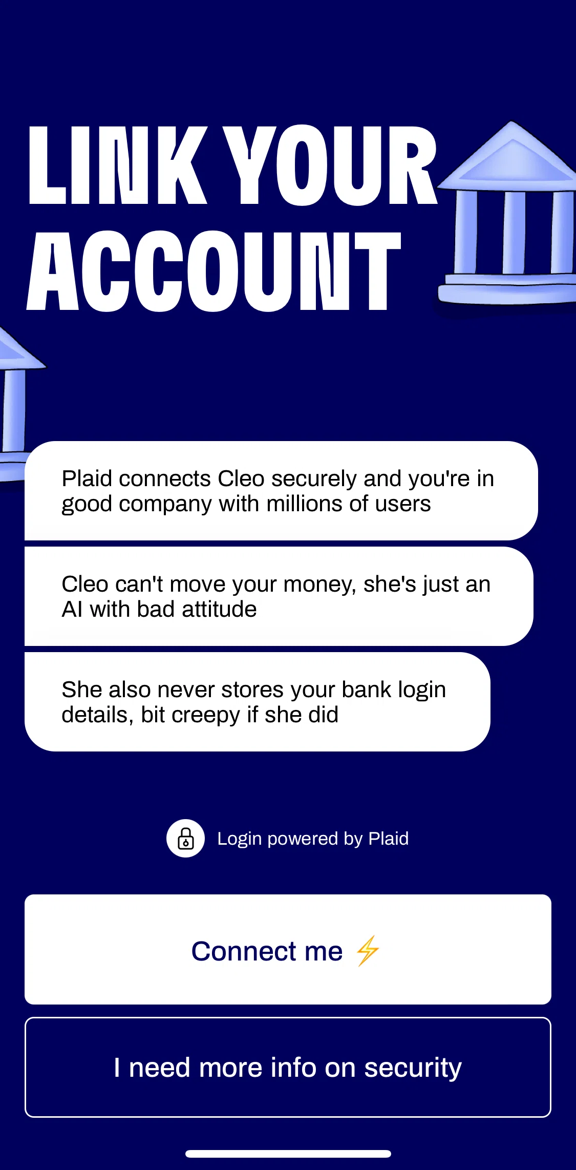 Cleo Screen screen in the Linking a bank account flow