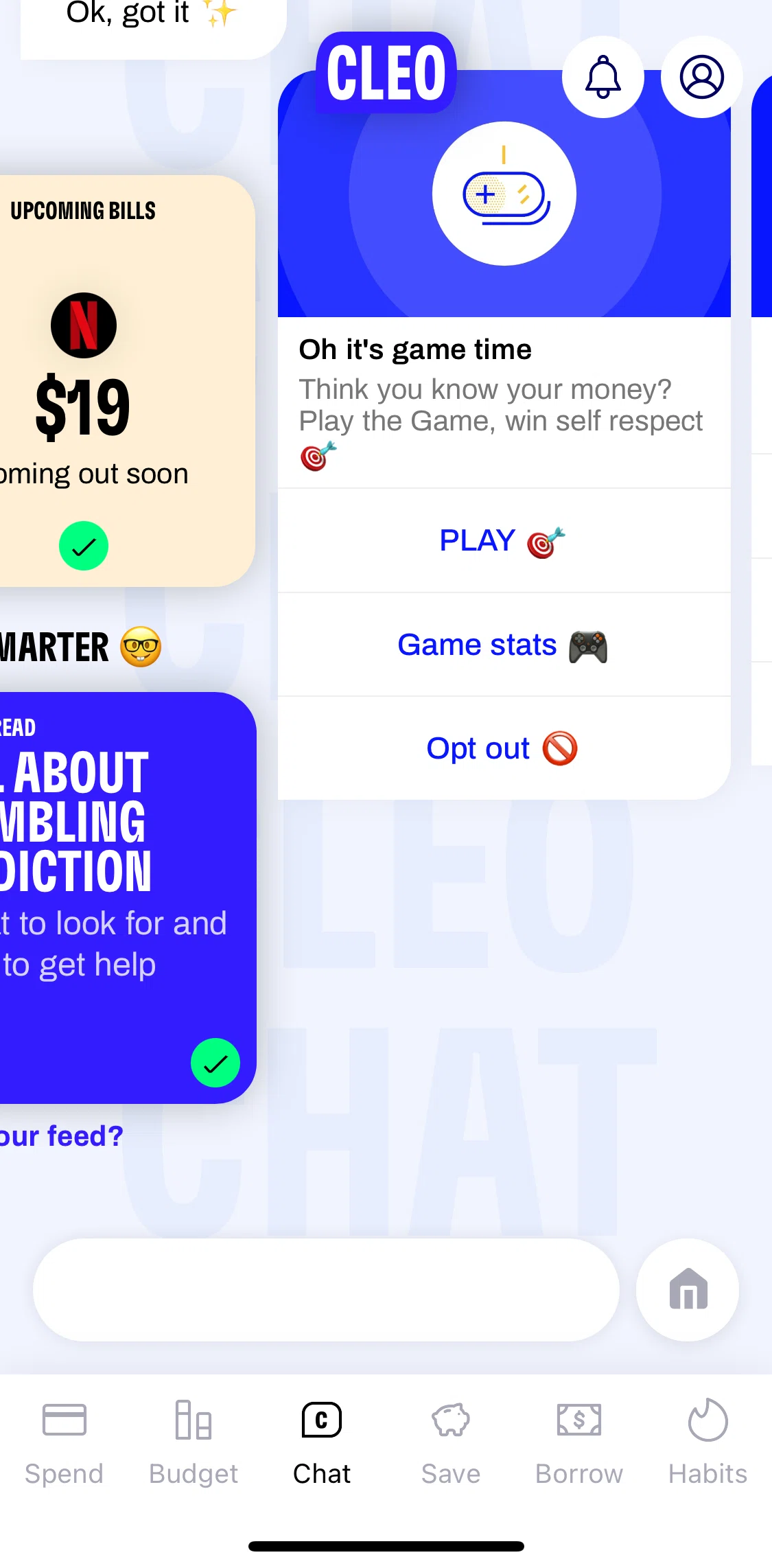 Cleo Screen screen in the Playing a game flow