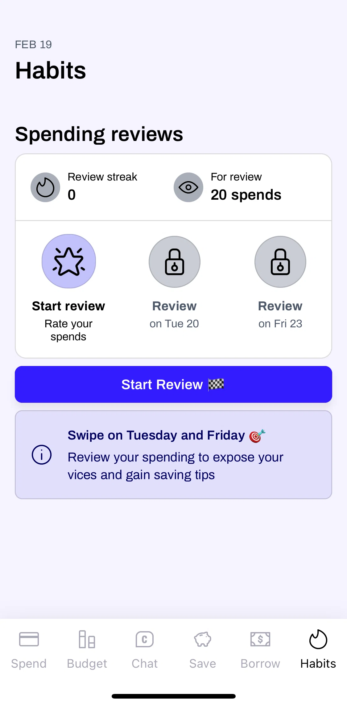 Cleo Screen screen in the Starting a spending review flow