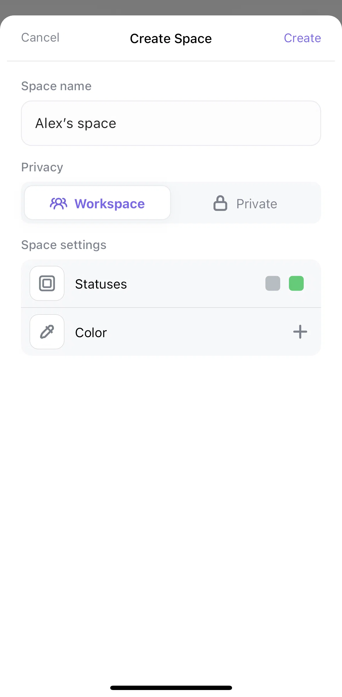 Click Up Screen 1 screen in the Creating custom statuses flow