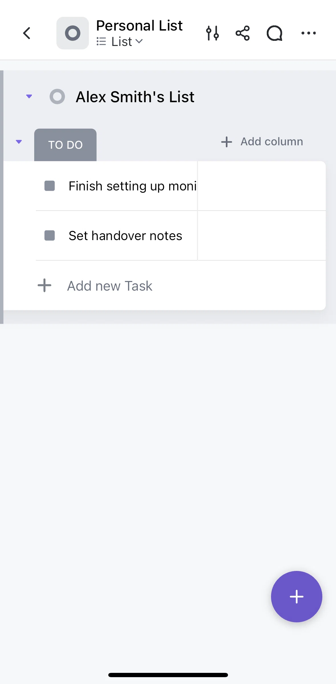 Click Up Screen 1 screen in the List settings flow