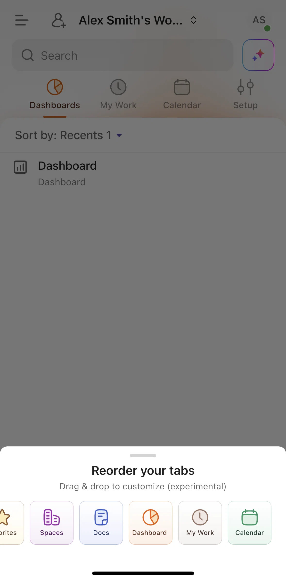 Click Up Screen 1 screen in the Reordering tabs flow