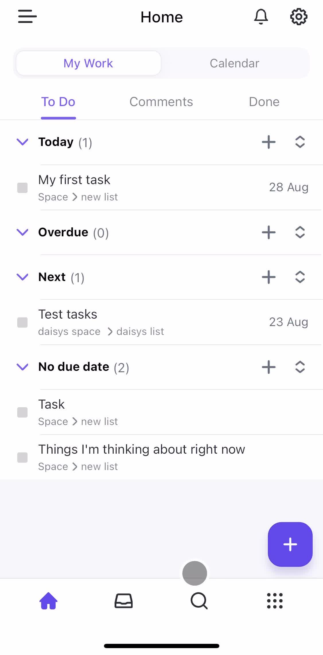 Click Up Home screen in the Searching flow