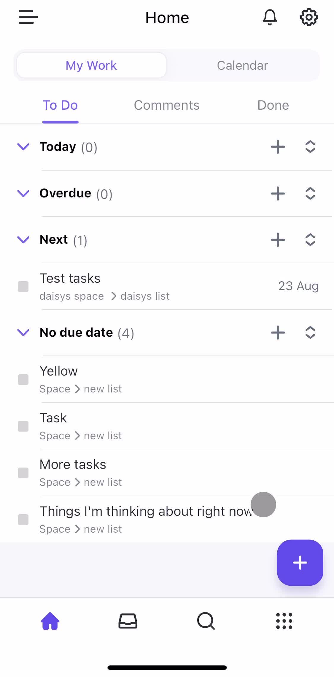 Click Up Home screen in the Tasks flow